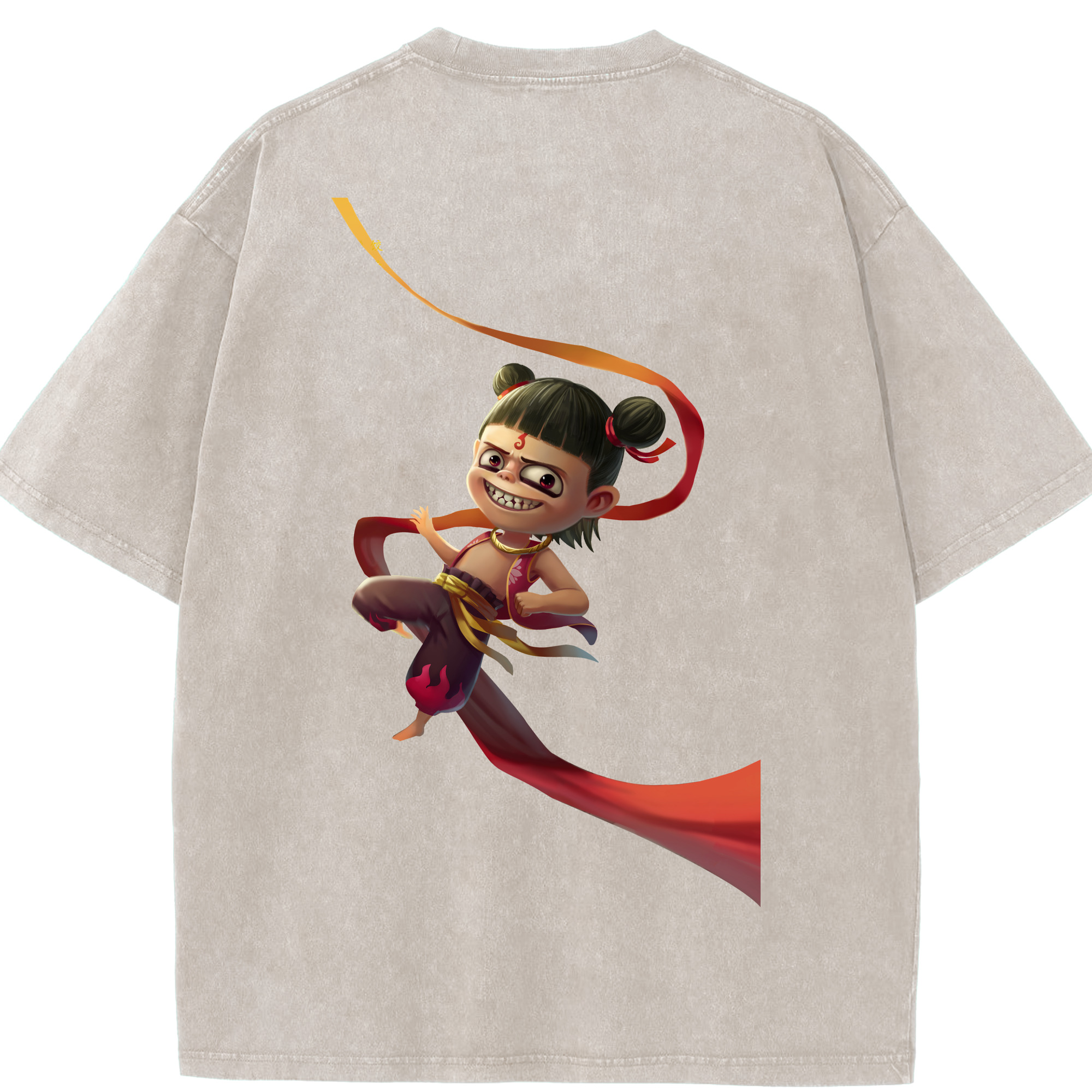 （画像用） Ne Zha 2 ナタ 魔童の大暴れ 綿100% ヴィンテージ風 半袖Tシャツ（背面プリント）
