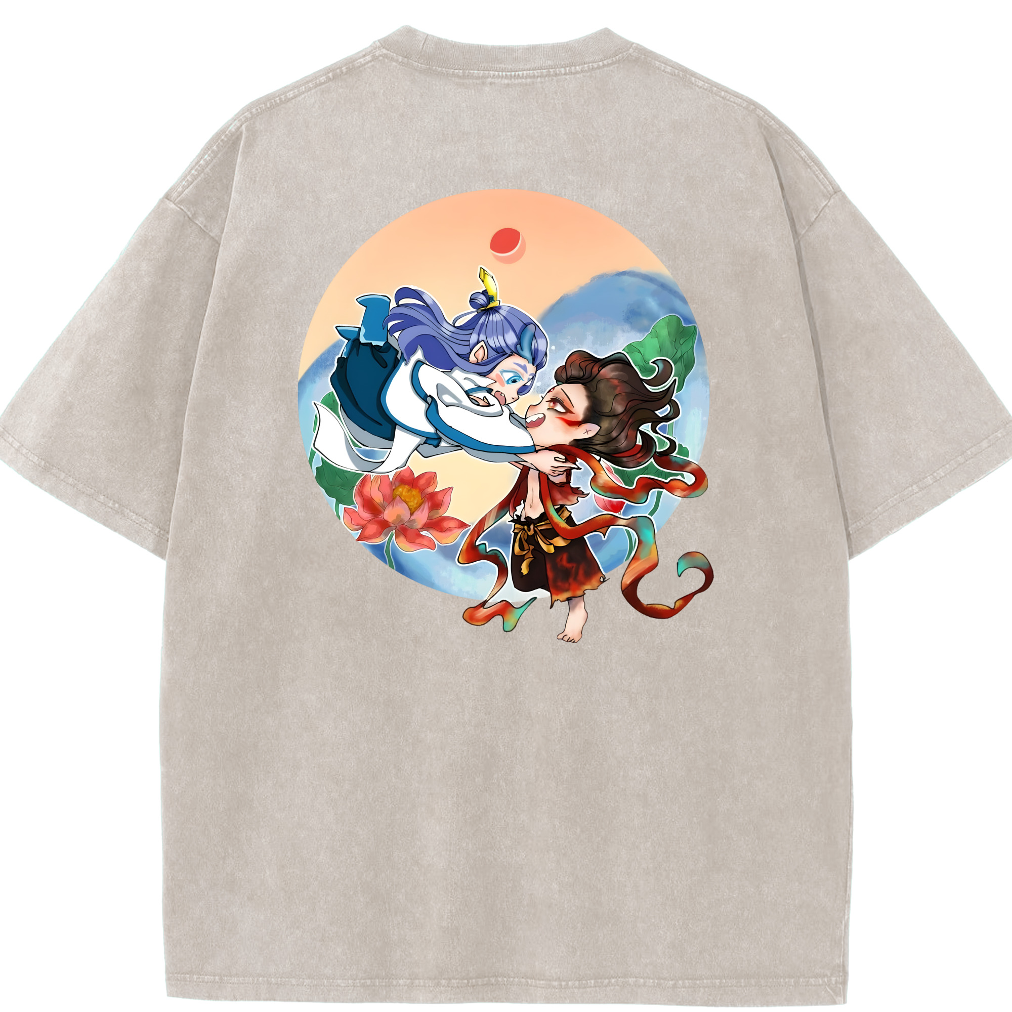 （画像用） Ne Zha 2 ナタ 魔童の大暴れ 綿100% ヴィンテージ風 半袖Tシャツ（背面プリント）