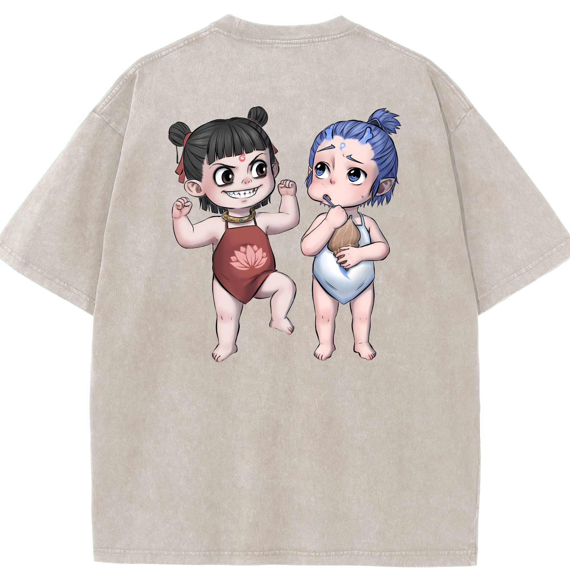 （画像用） Ne Zha 2 ナタ 魔童の大暴れ 綿100% ヴィンテージ風 半袖Tシャツ（背面プリント）