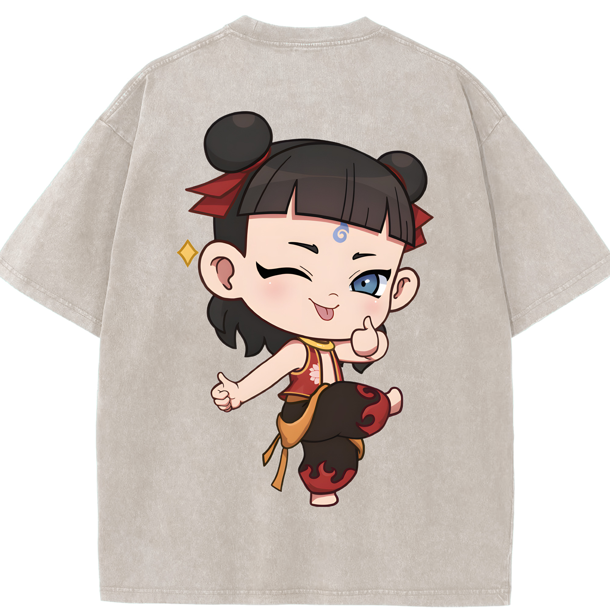 （画像用） Ne Zha 2 ナタ 魔童の大暴れ 綿100% ヴィンテージ風 半袖Tシャツ（背面プリント）