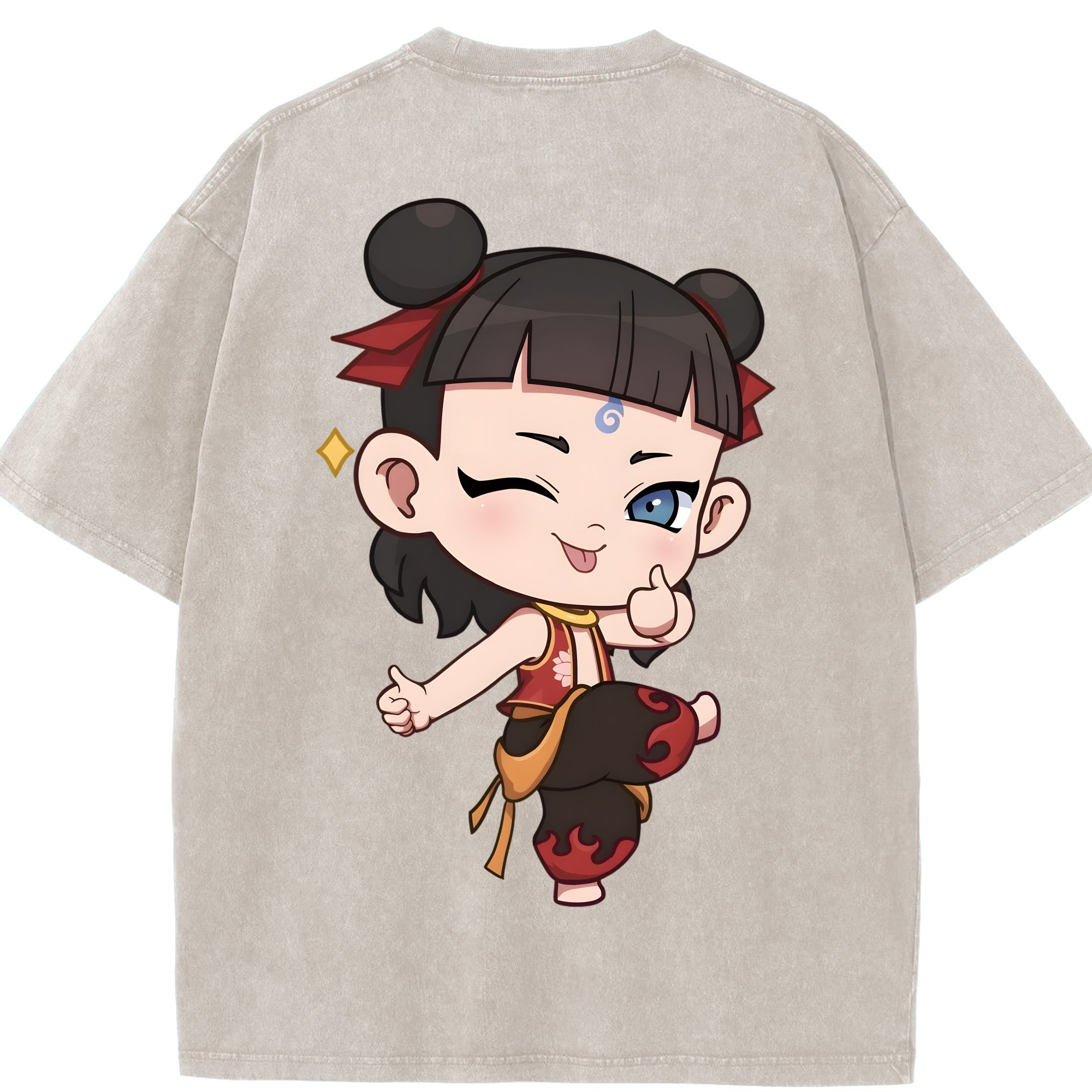 （画像用） Ne Zha 2 ナタ 魔童の大暴れ 綿100% ヴィンテージ風 半袖Tシャツ（背面プリント）