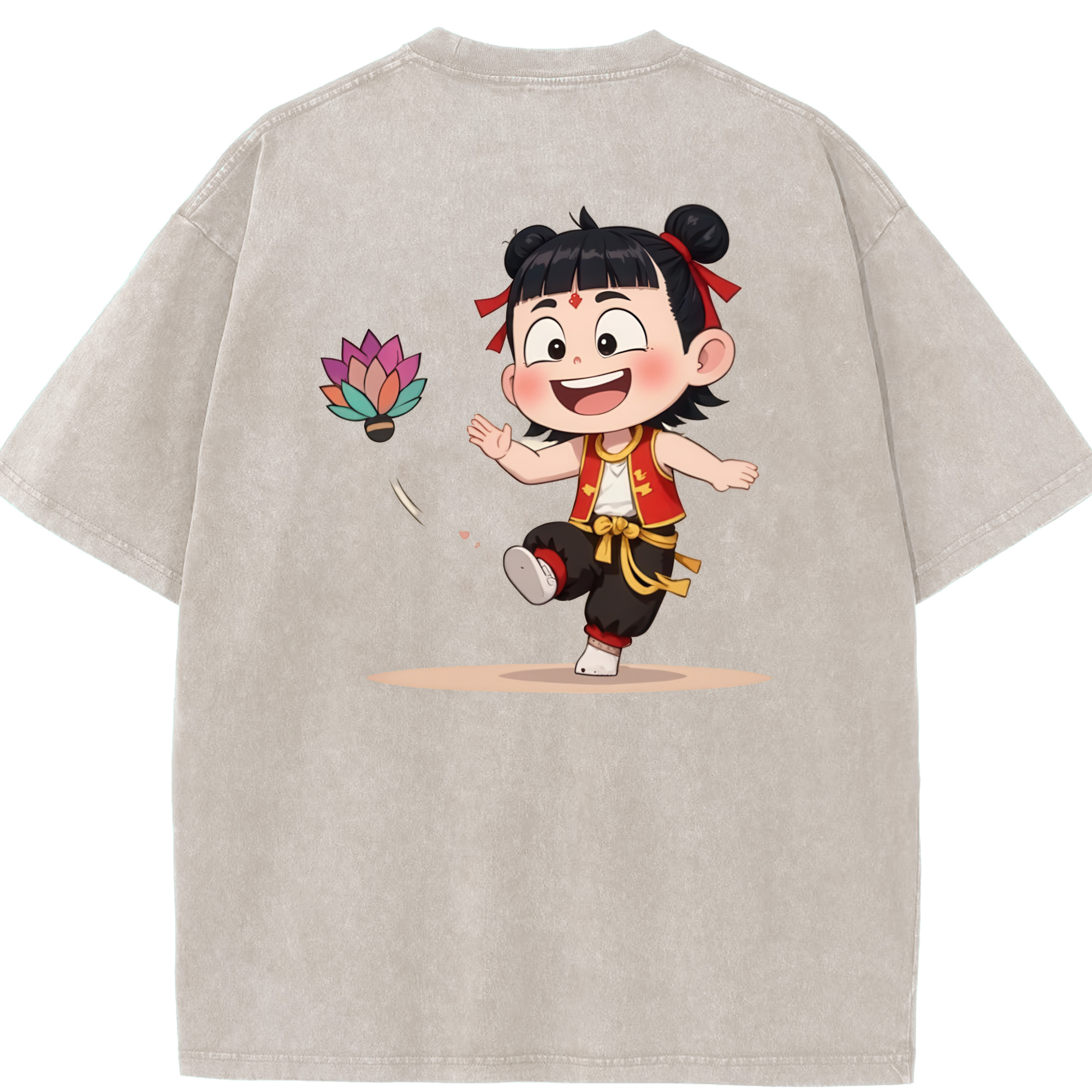 （画像用） Ne Zha 2 ナタ 魔童の大暴れ 綿100% ヴィンテージ風 半袖Tシャツ（背面プリント）