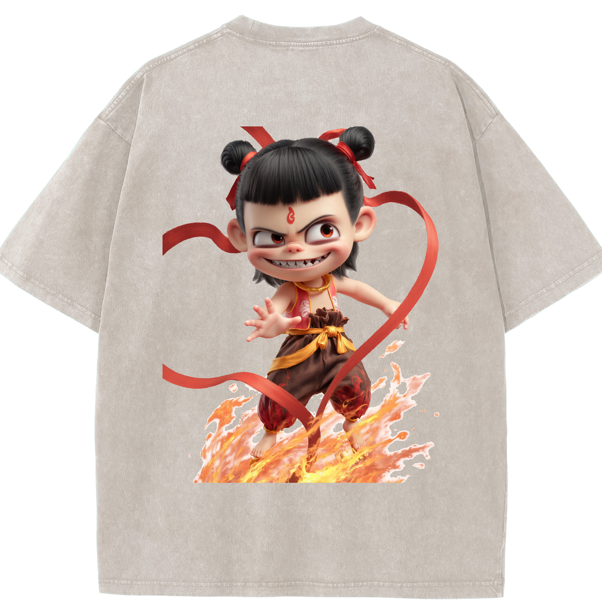 （画像用） Ne Zha 2 ナタ 魔童の大暴れ 綿100% ヴィンテージ風 半袖Tシャツ（背面プリント）