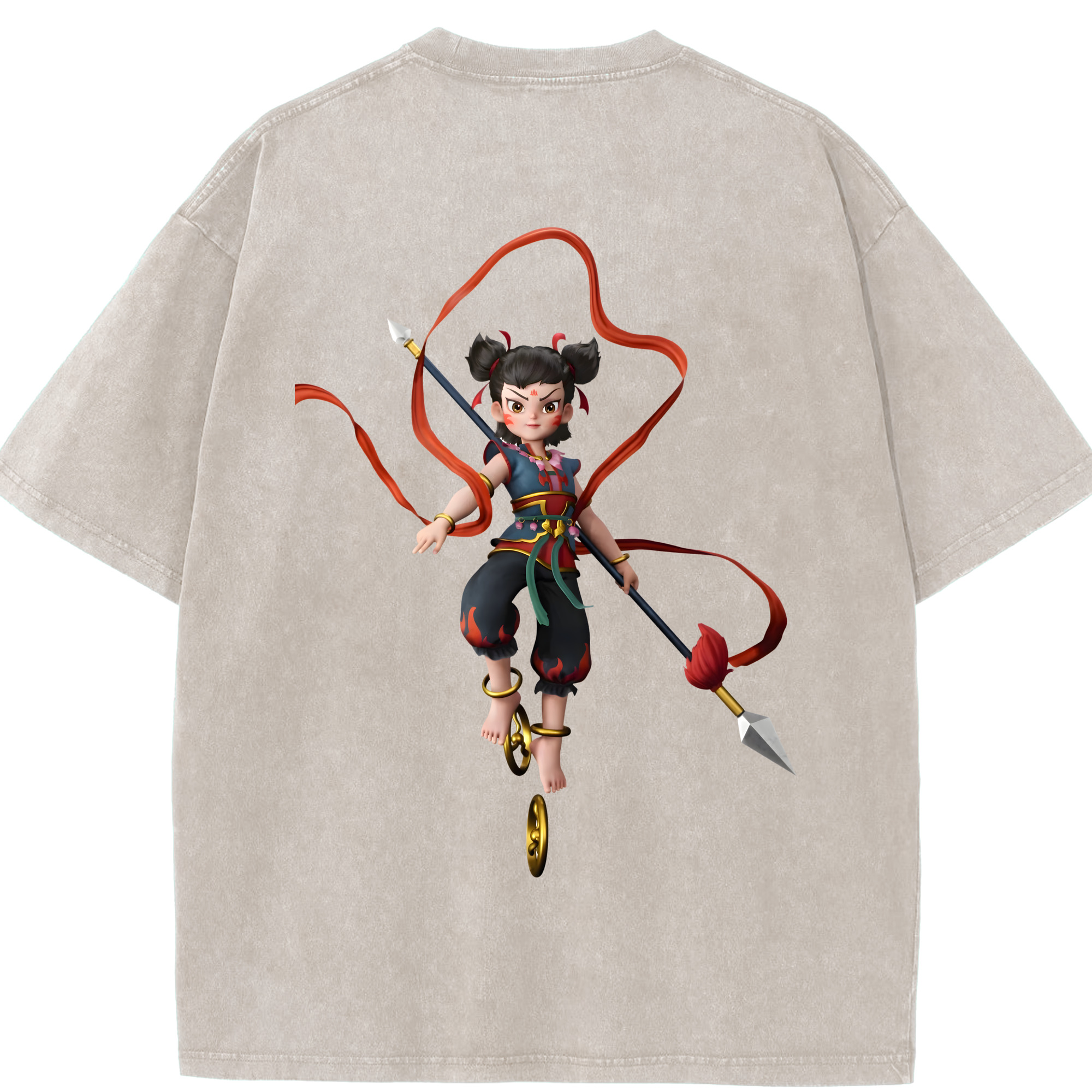 （画像用） Ne Zha 2 ナタ 魔童の大暴れ 綿100% ヴィンテージ風 半袖Tシャツ（背面プリント）