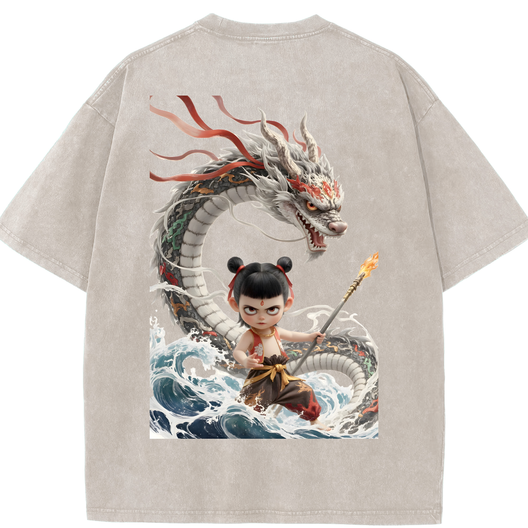 （画像用） Ne Zha 2 ナタ 魔童の大暴れ 綿100% ヴィンテージ風 半袖Tシャツ（背面プリント）