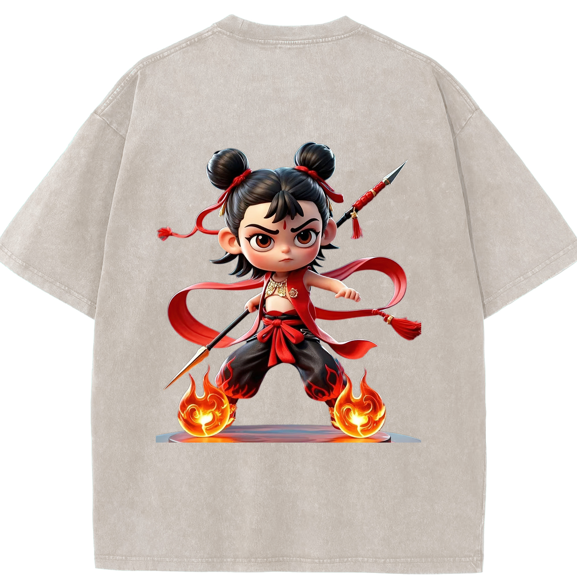 （画像用） Ne Zha 2 ナタ 魔童の大暴れ 綿100% ヴィンテージ風 半袖Tシャツ（背面プリント）