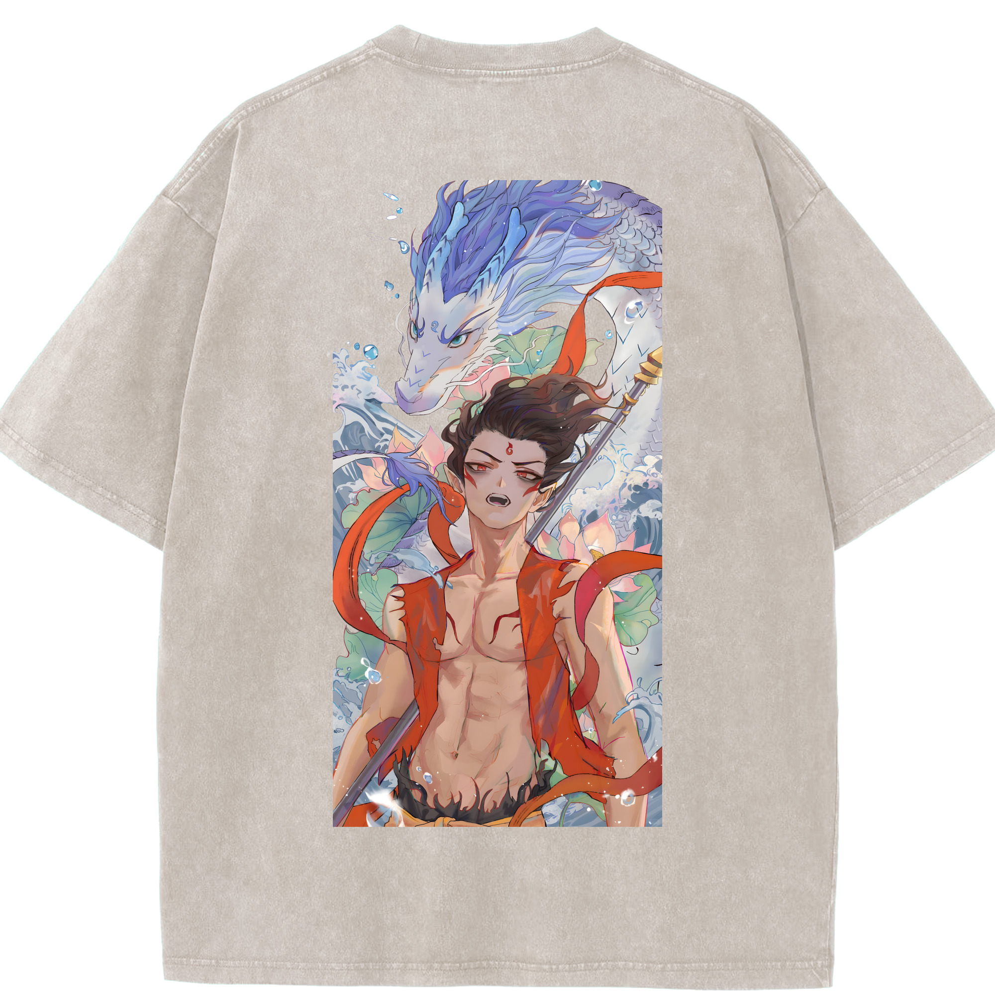 （画像用） Ne Zha 2 ナタ 魔童の大暴れ 綿100% ヴィンテージ風 半袖Tシャツ（背面プリント）