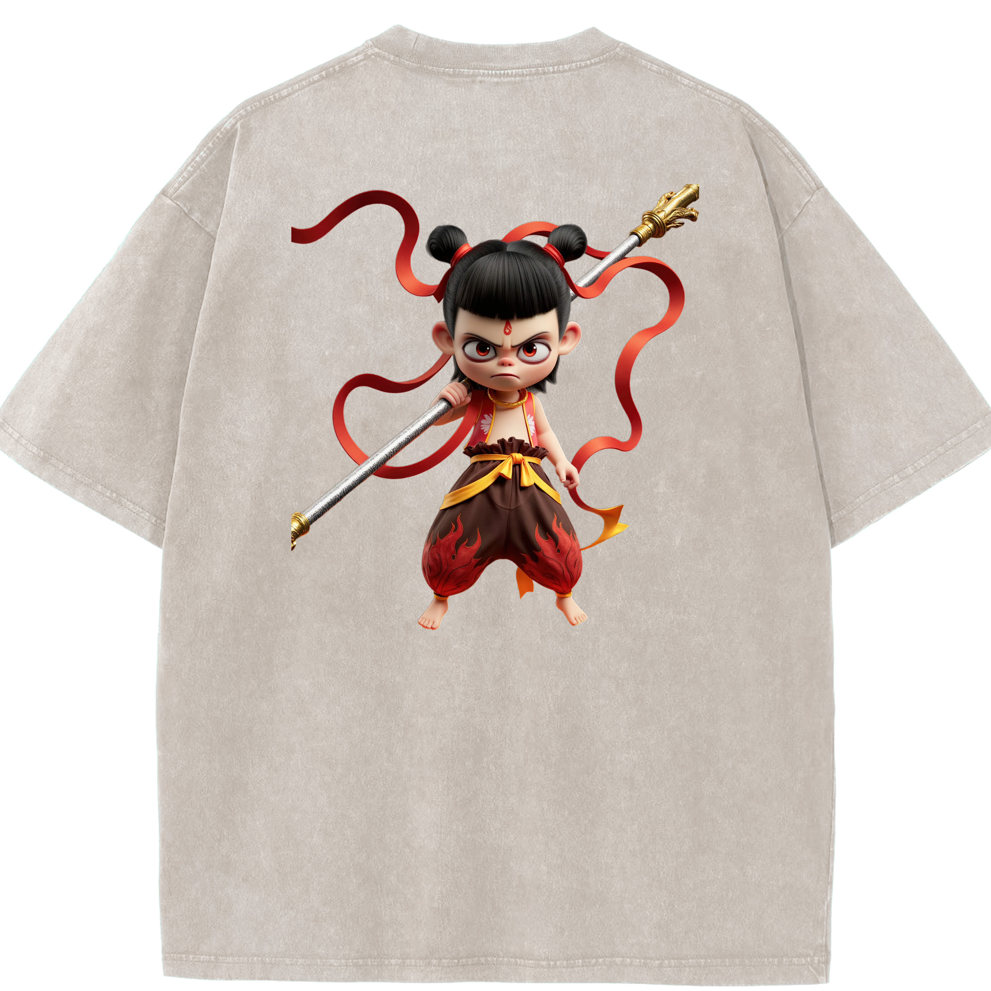 （画像用） Ne Zha 2 ナタ 魔童の大暴れ 綿100% ヴィンテージ風 半袖Tシャツ（背面プリント）