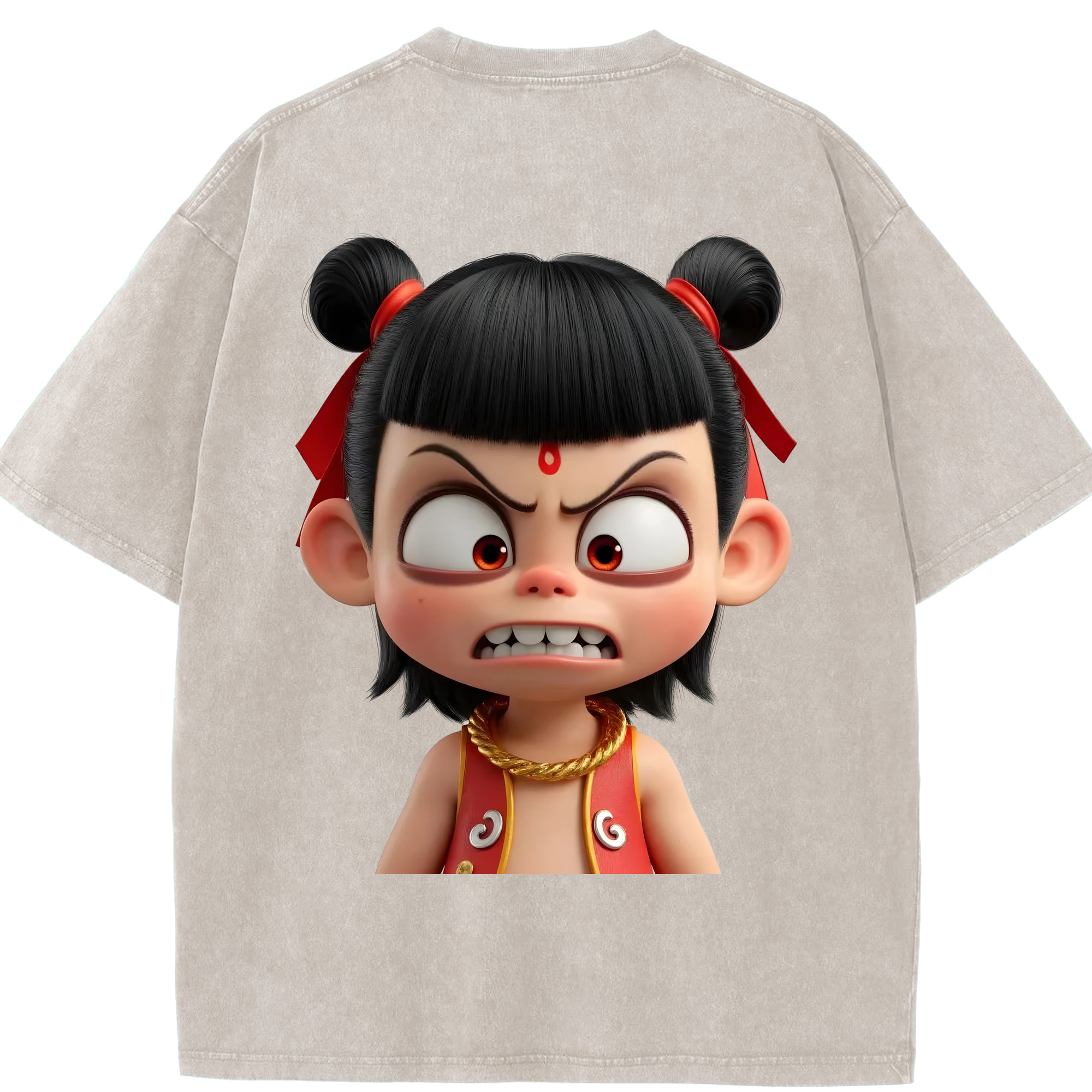 （画像用） Ne Zha 2 ナタ 魔童の大暴れ 綿100% ヴィンテージ風 半袖Tシャツ（背面プリント）