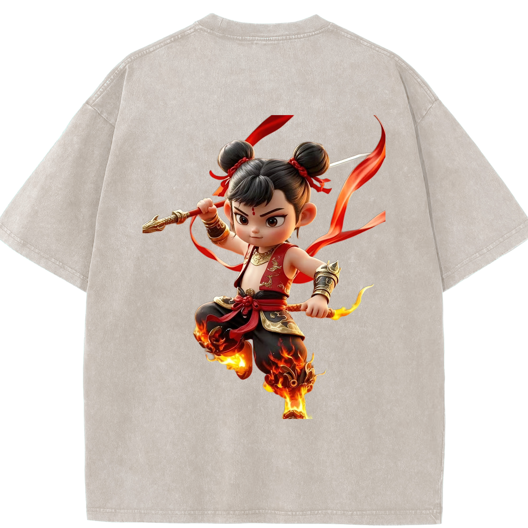 （画像用） Ne Zha 2 ナタ 魔童の大暴れ 綿100% ヴィンテージ風 半袖Tシャツ（背面プリント）