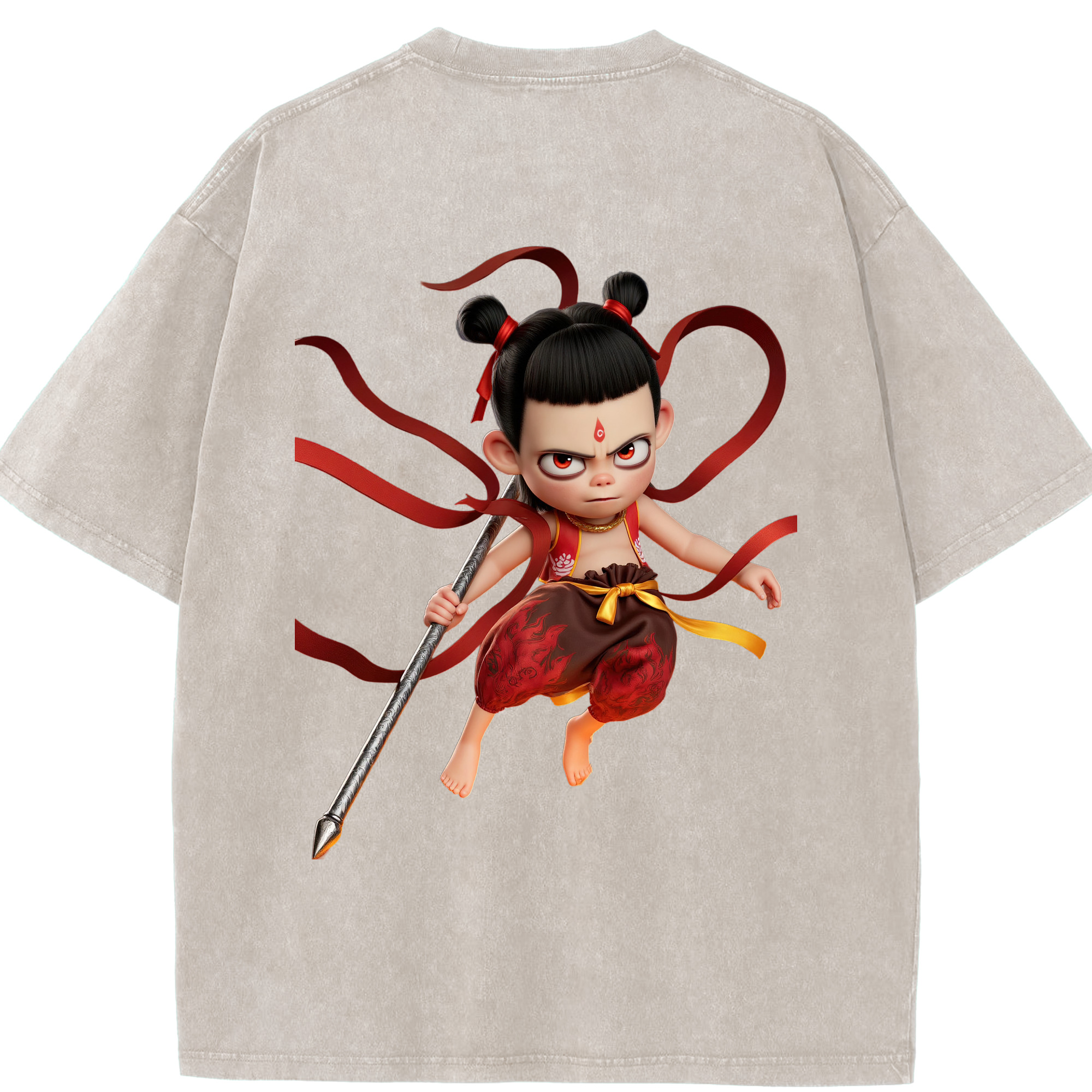 （画像用） Ne Zha 2 ナタ 魔童の大暴れ 綿100% ヴィンテージ風 半袖Tシャツ（背面プリント）