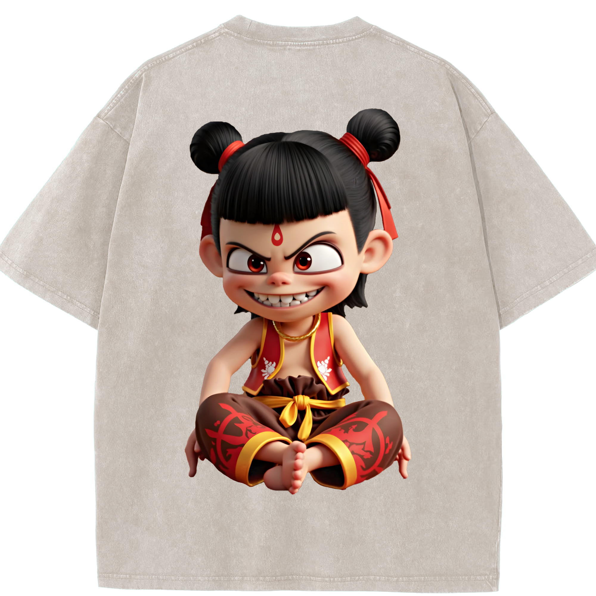 （画像用） Ne Zha 2 ナタ 魔童の大暴れ 綿100% ヴィンテージ風 半袖Tシャツ（背面プリント）
