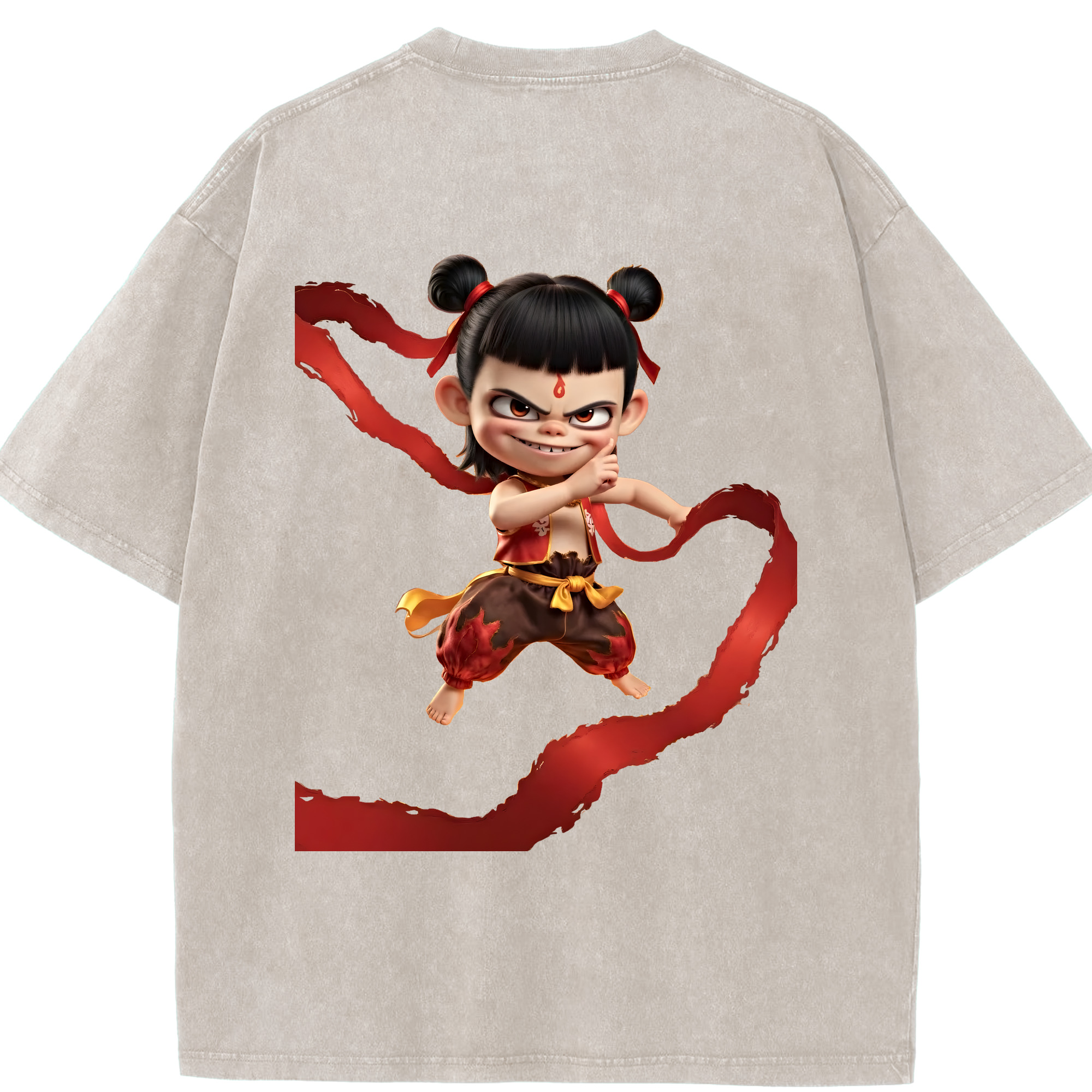 （画像用） Ne Zha 2 ナタ 魔童の大暴れ 綿100% ヴィンテージ風 半袖Tシャツ（背面プリント）