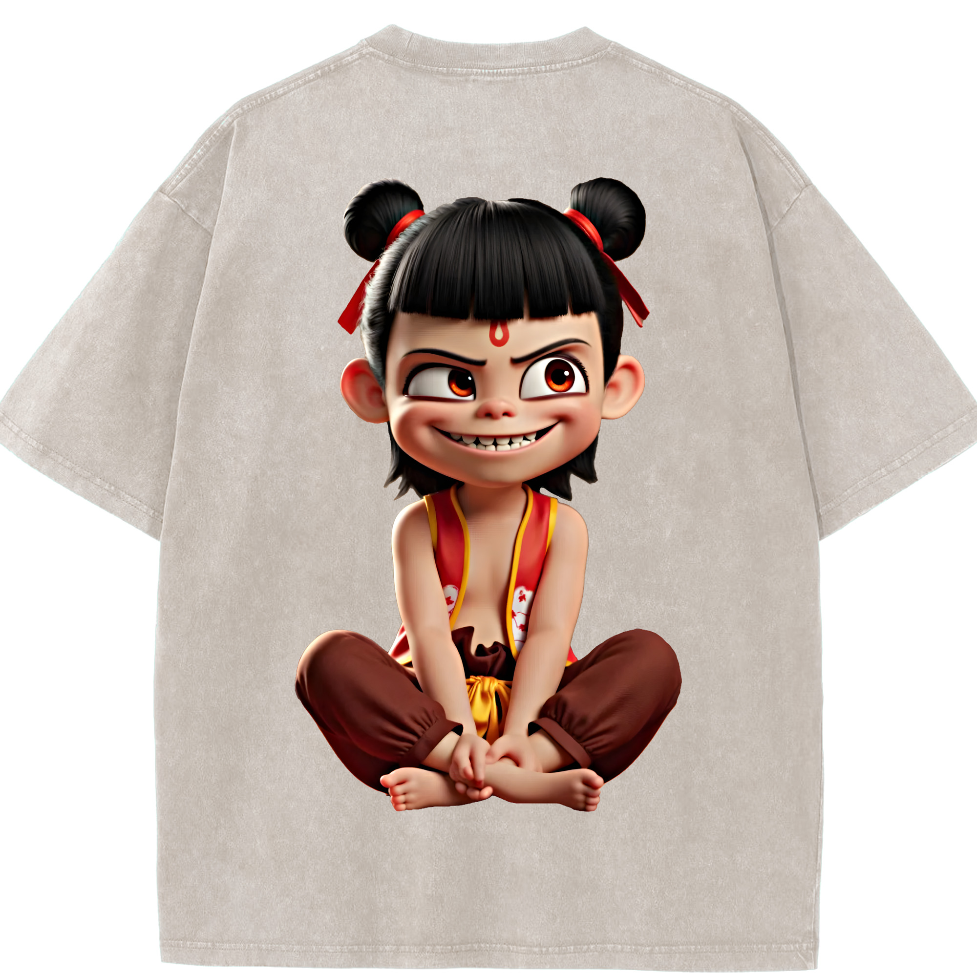 （画像用） Ne Zha 2 ナタ 魔童の大暴れ 綿100% ヴィンテージ風 半袖Tシャツ（背面プリント）