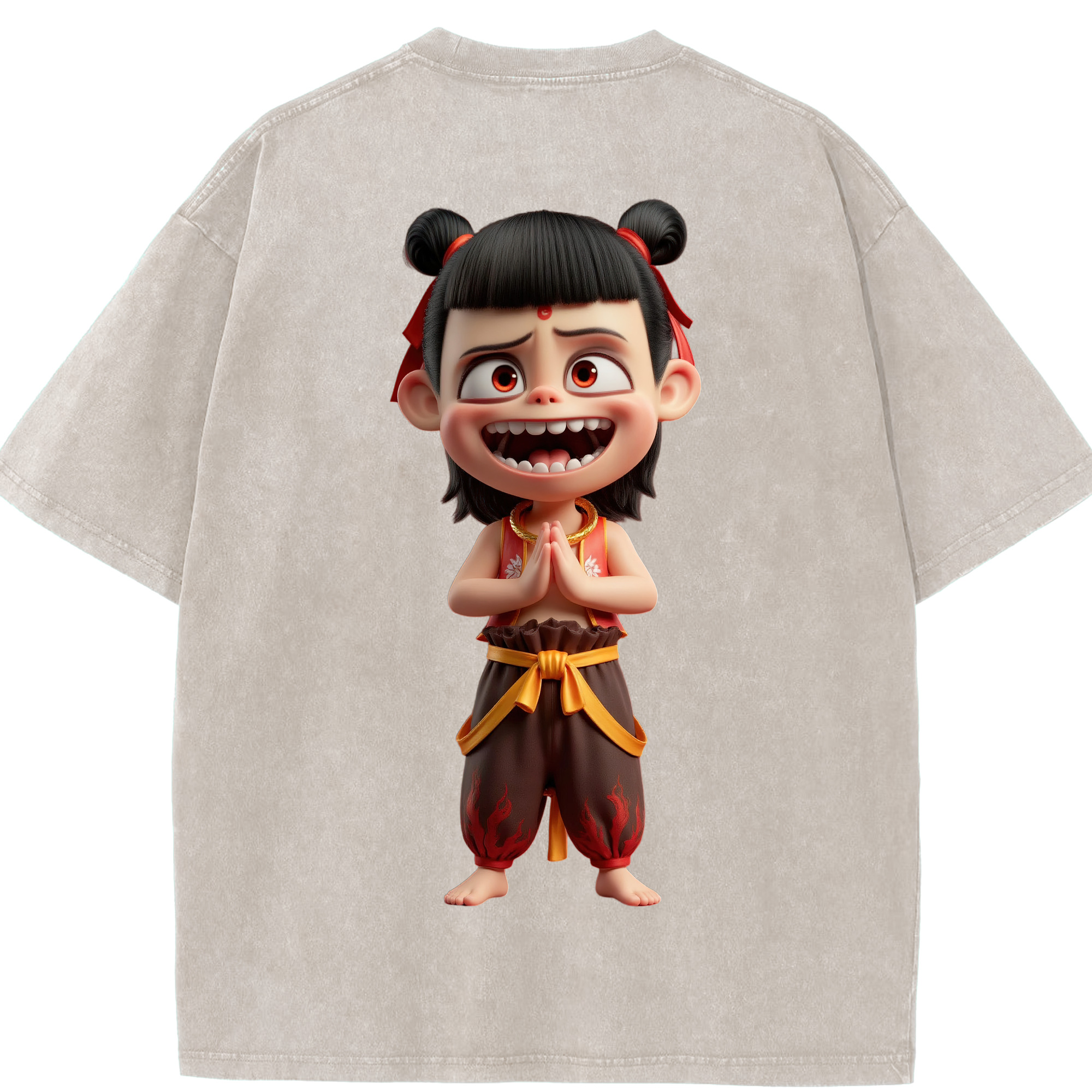 （画像用） Ne Zha 2 ナタ 魔童の大暴れ 綿100% ヴィンテージ風 半袖Tシャツ（背面プリント）