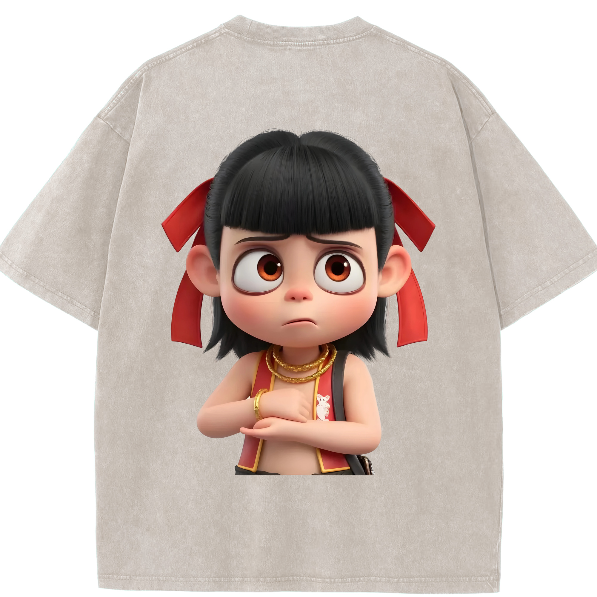（画像用） Ne Zha 2 ナタ 魔童の大暴れ 綿100% ヴィンテージ風 半袖Tシャツ（背面プリント）