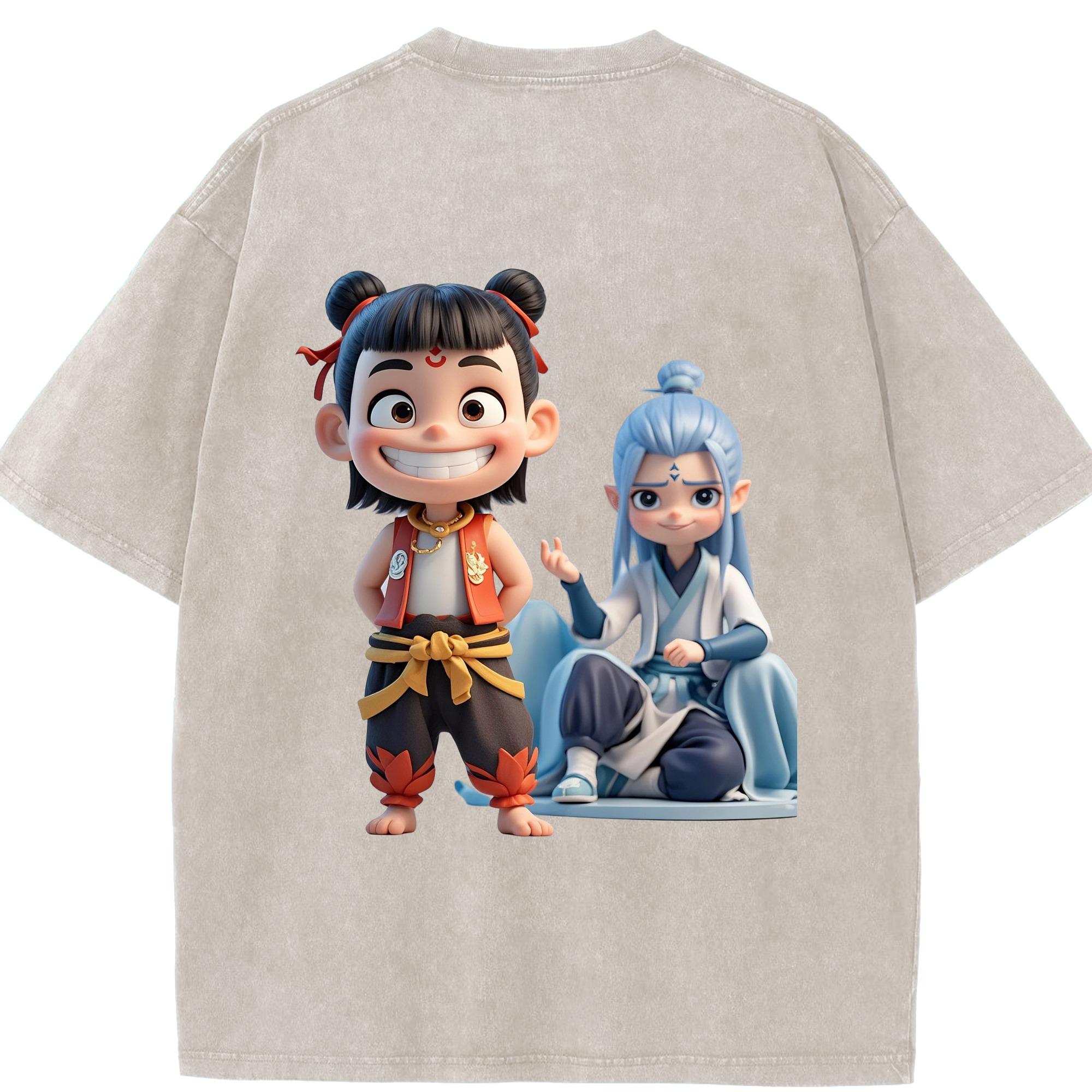 （画像用） Ne Zha 2 ナタ 魔童の大暴れ 綿100% ヴィンテージ風 半袖Tシャツ（背面プリント）