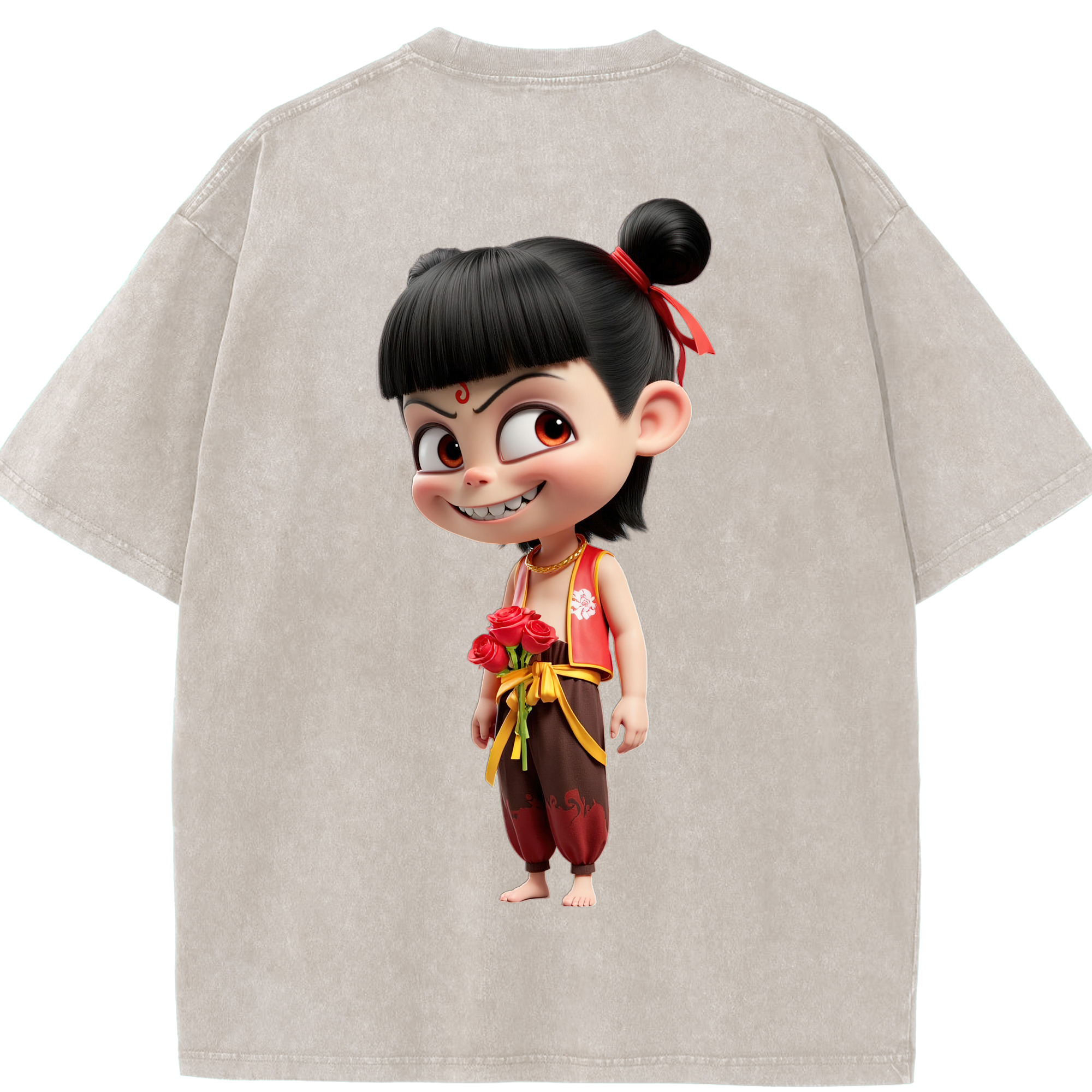 （画像用） Ne Zha 2 ナタ 魔童の大暴れ 綿100% ヴィンテージ風 半袖Tシャツ（背面プリント）