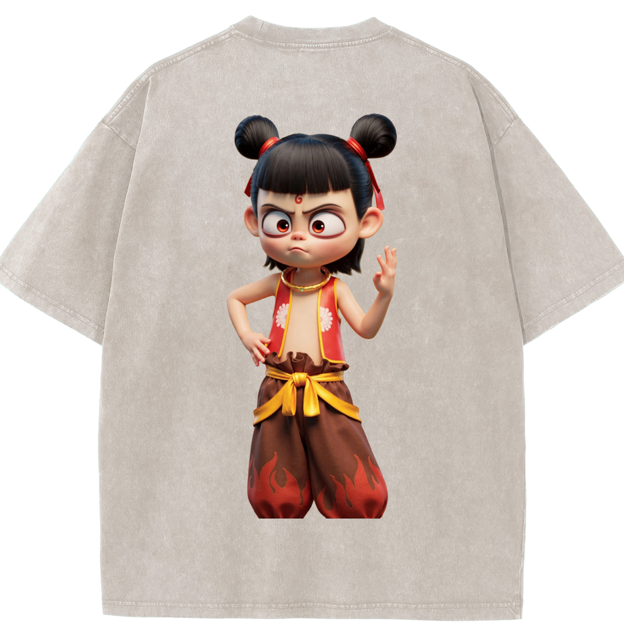 （画像用） Ne Zha 2 ナタ 魔童の大暴れ 綿100% ヴィンテージ風 半袖Tシャツ（背面プリント）