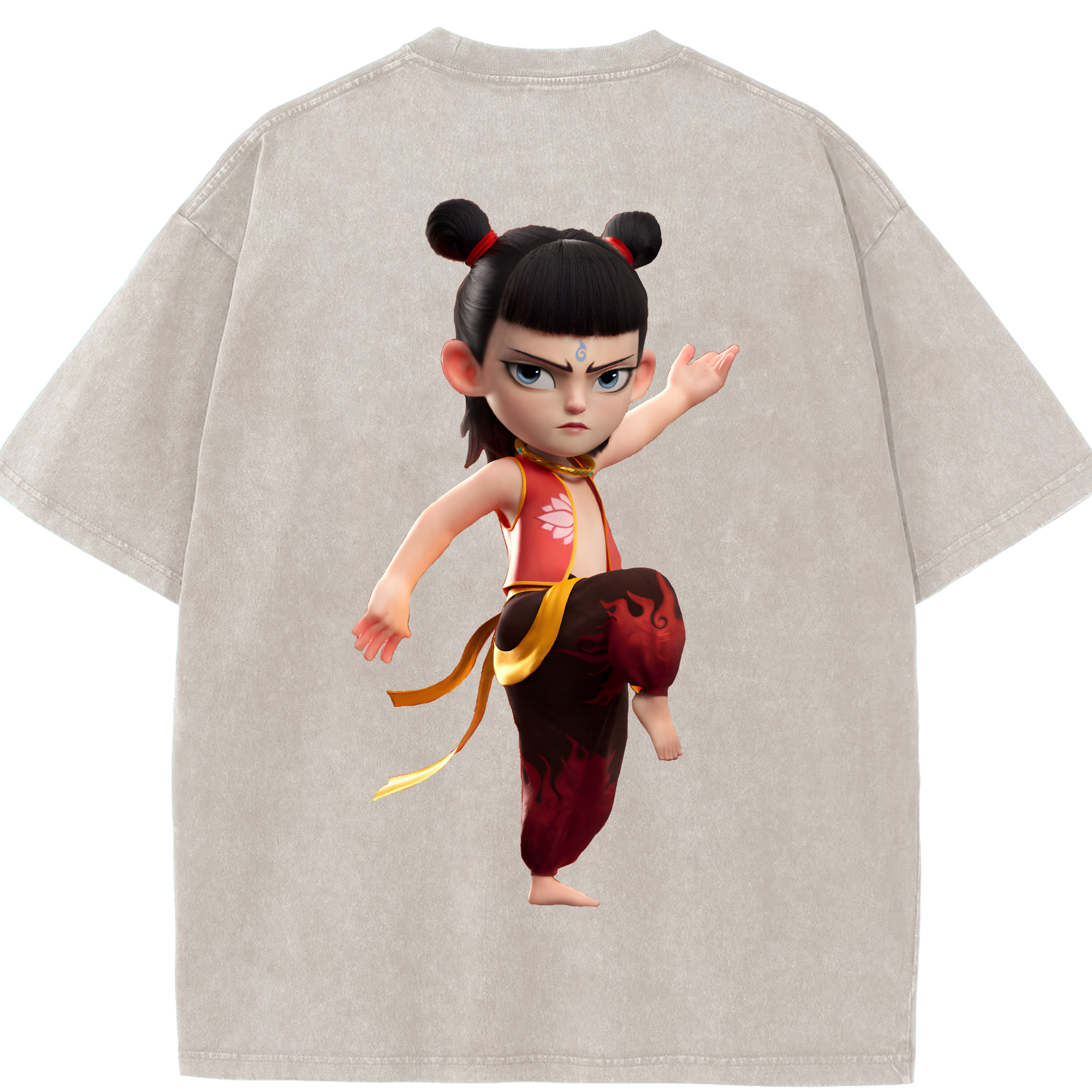 （画像用） Ne Zha 2 ナタ 魔童の大暴れ 綿100% ヴィンテージ風 半袖Tシャツ（背面プリント）