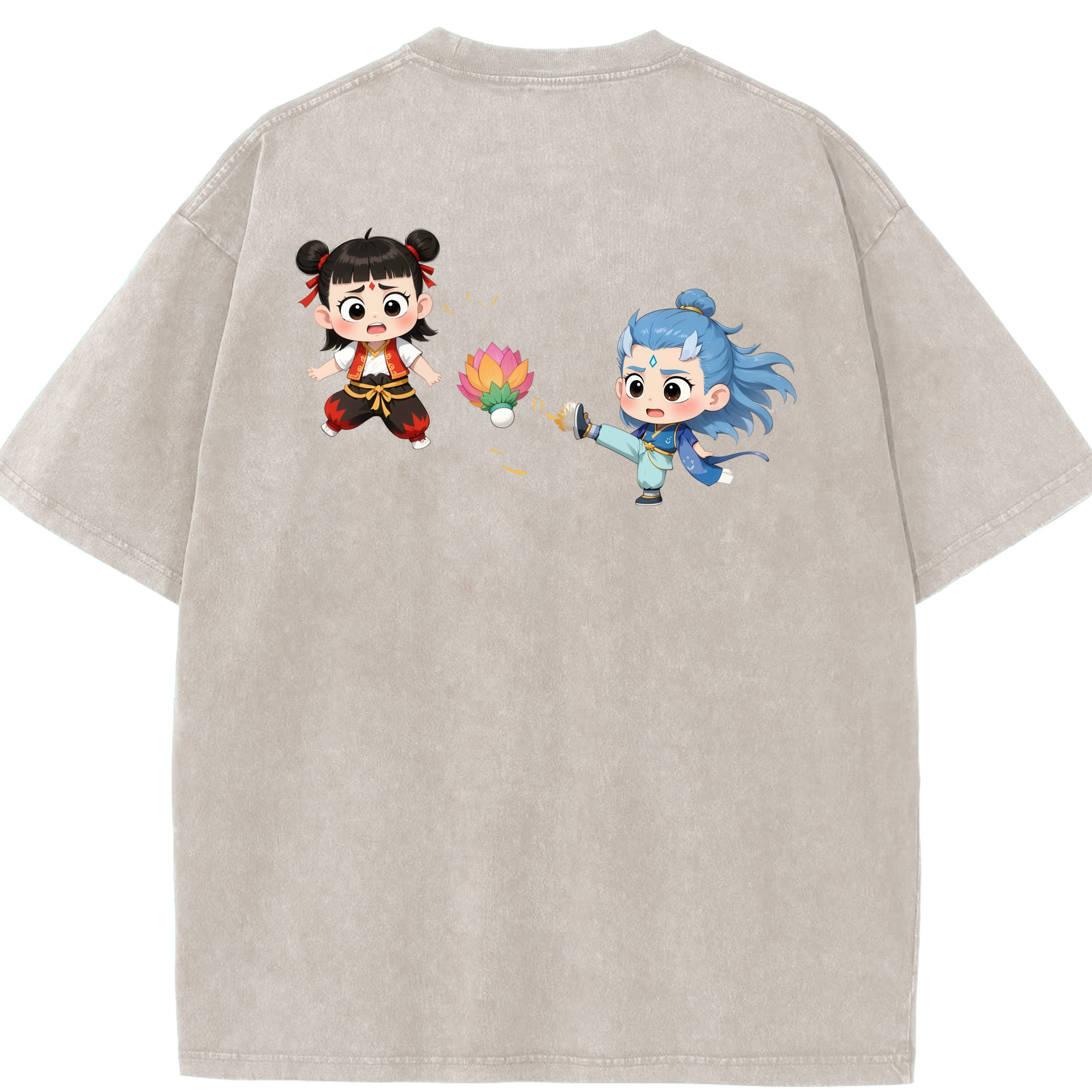 （画像用） Ne Zha 2 ナタ 魔童の大暴れ 綿100% ヴィンテージ風 半袖Tシャツ（背面プリント）