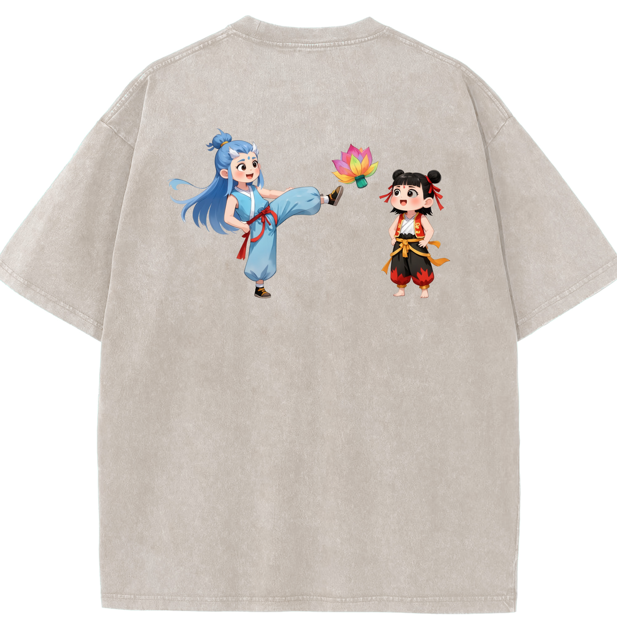 （画像用） Ne Zha 2 ナタ 魔童の大暴れ 綿100% ヴィンテージ風 半袖Tシャツ（背面プリント）
