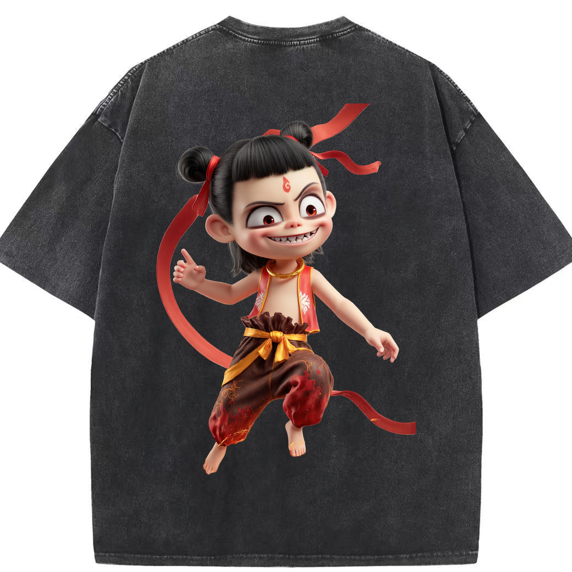 （画像用） Ne Zha 2 ナタ 魔童の大暴れ 綿100% ヴィンテージ風 半袖Tシャツ（背面プリント）