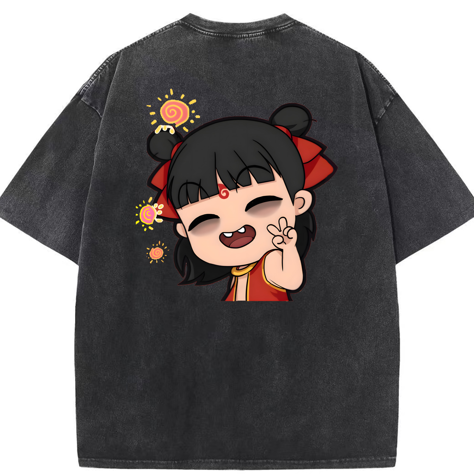 （画像用） Ne Zha 2 ナタ 魔童の大暴れ 綿100% ヴィンテージ風 半袖Tシャツ（背面プリント）