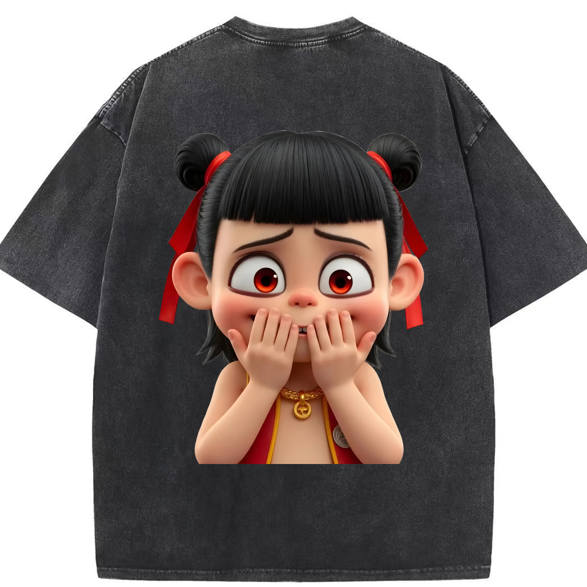 （画像用） Ne Zha 2 ナタ 魔童の大暴れ 綿100% ヴィンテージ風 半袖Tシャツ（背面プリント）