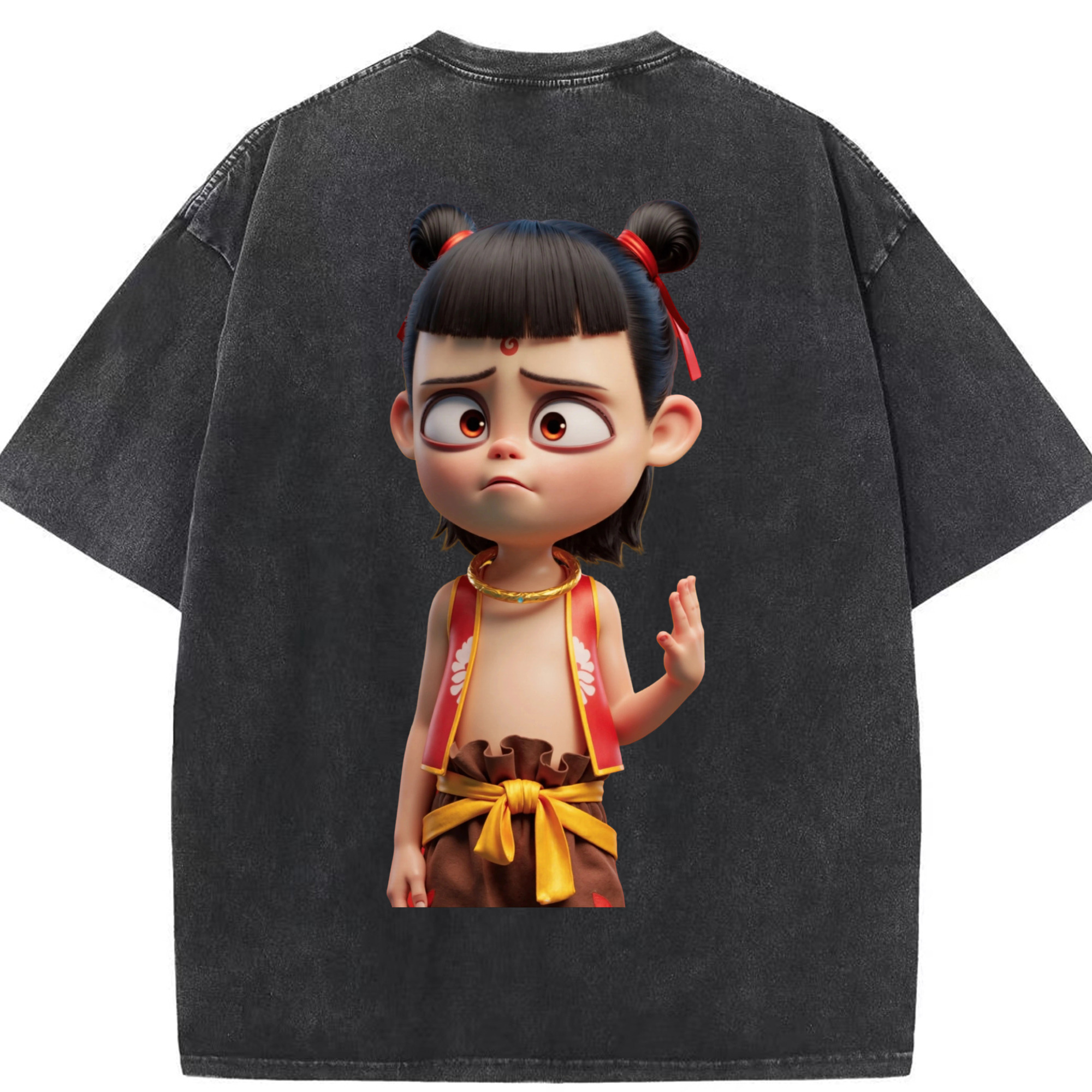 （画像用） Ne Zha 2 ナタ 魔童の大暴れ 綿100% ヴィンテージ風 半袖Tシャツ（背面プリント）