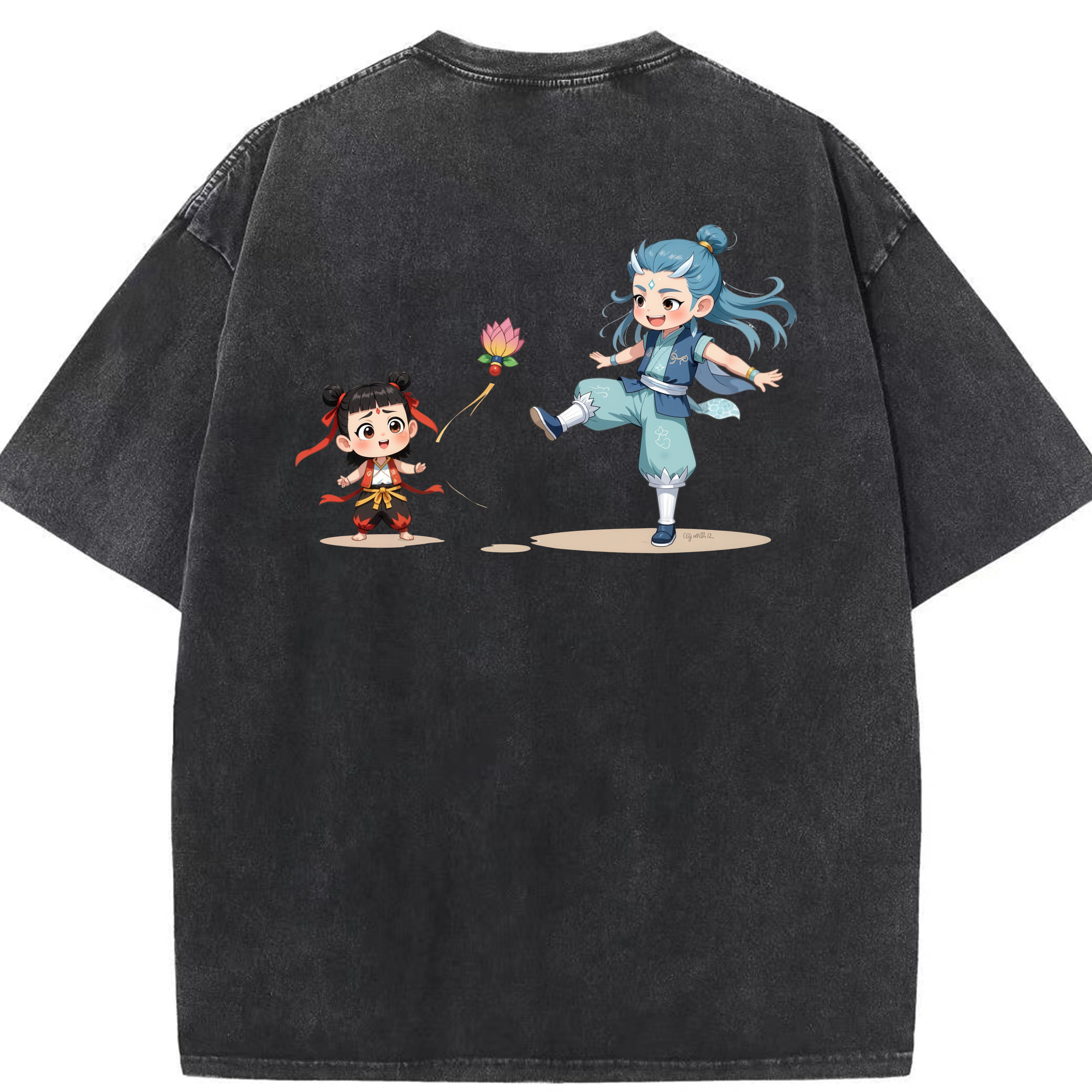 （画像用） Ne Zha 2 ナタ 魔童の大暴れ 綿100% ヴィンテージ風 半袖Tシャツ（背面プリント）
