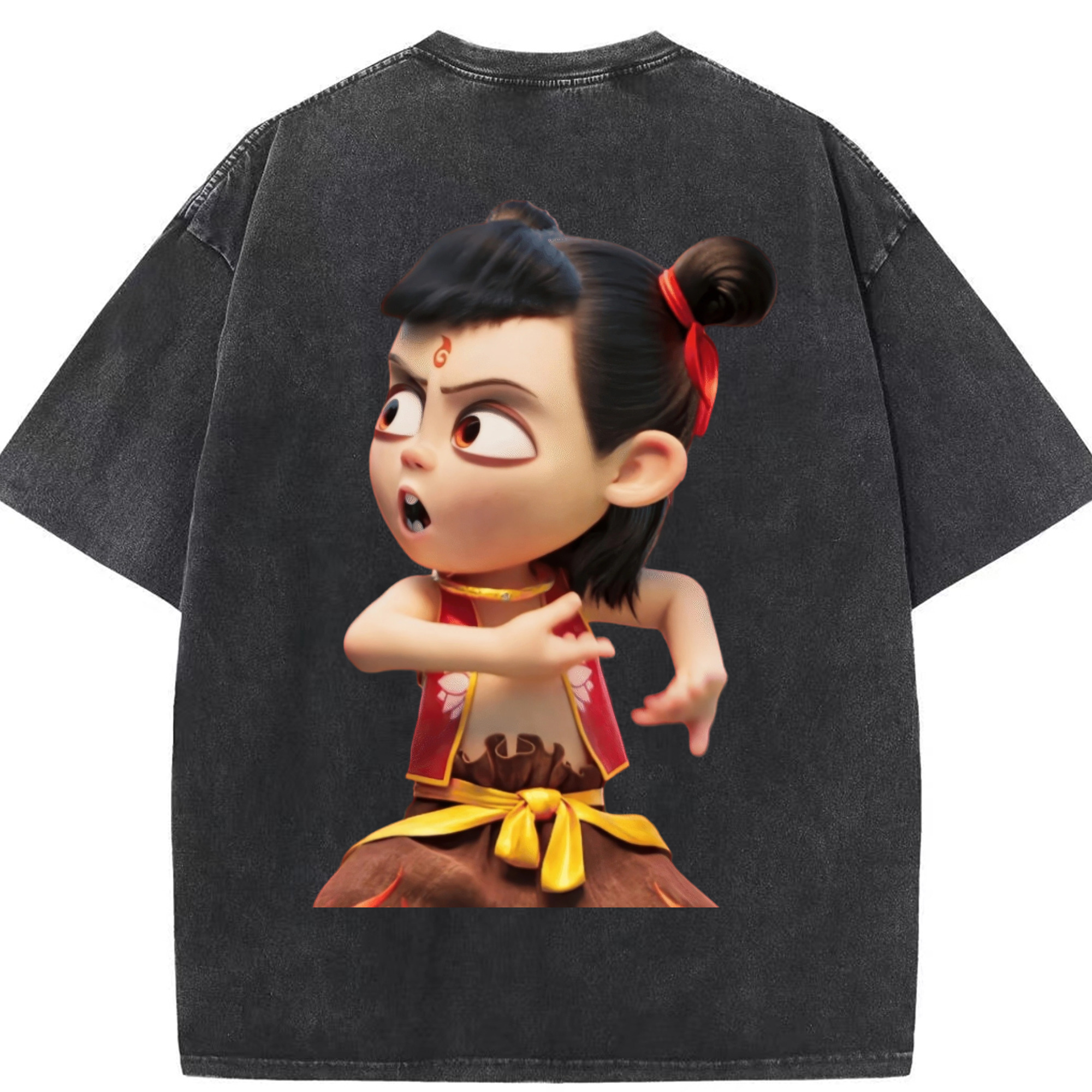 （画像用） Ne Zha 2 ナタ 魔童の大暴れ 綿100% ヴィンテージ風 半袖Tシャツ（背面プリント）