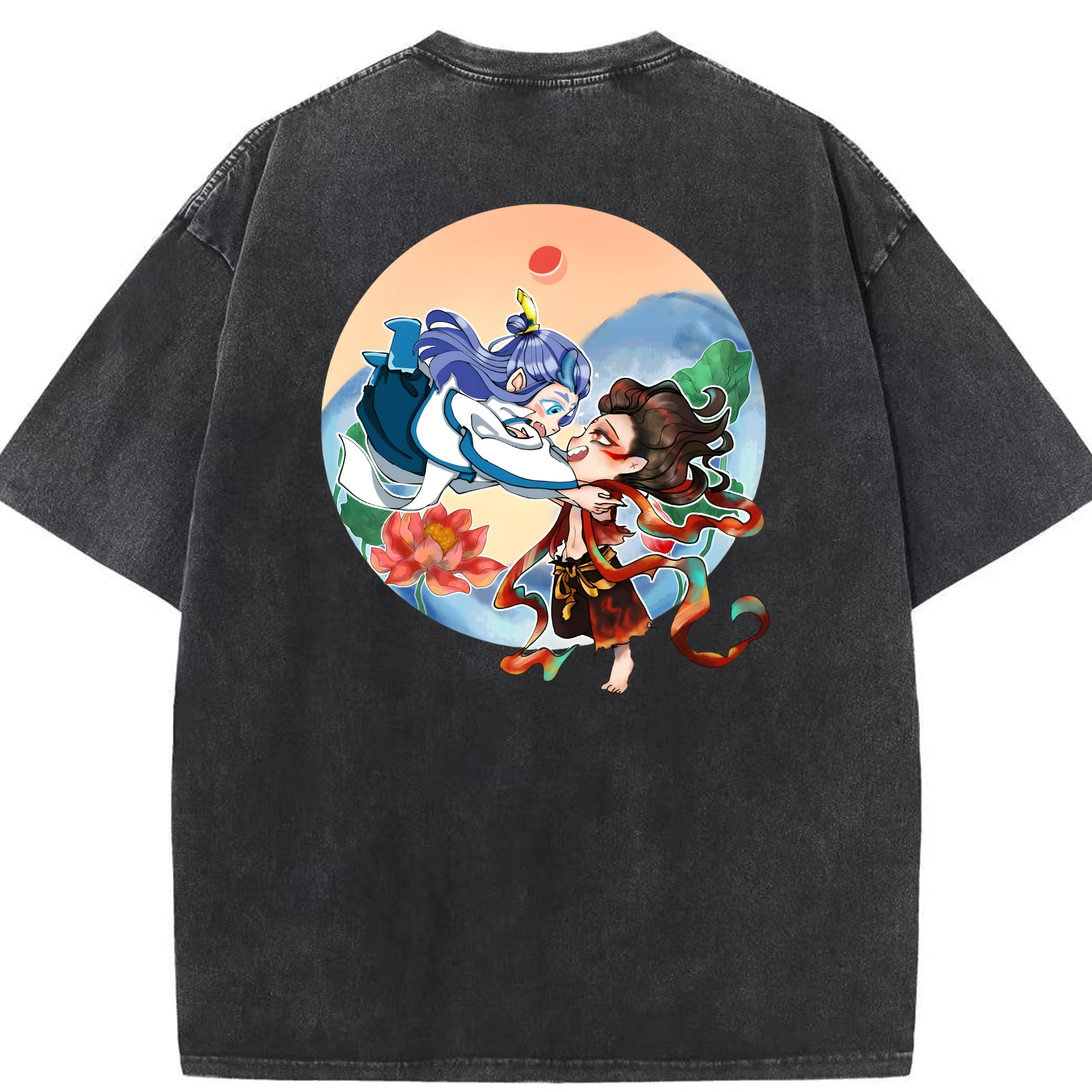 （画像用） Ne Zha 2 ナタ 魔童の大暴れ 綿100% ヴィンテージ風 半袖Tシャツ（背面プリント）