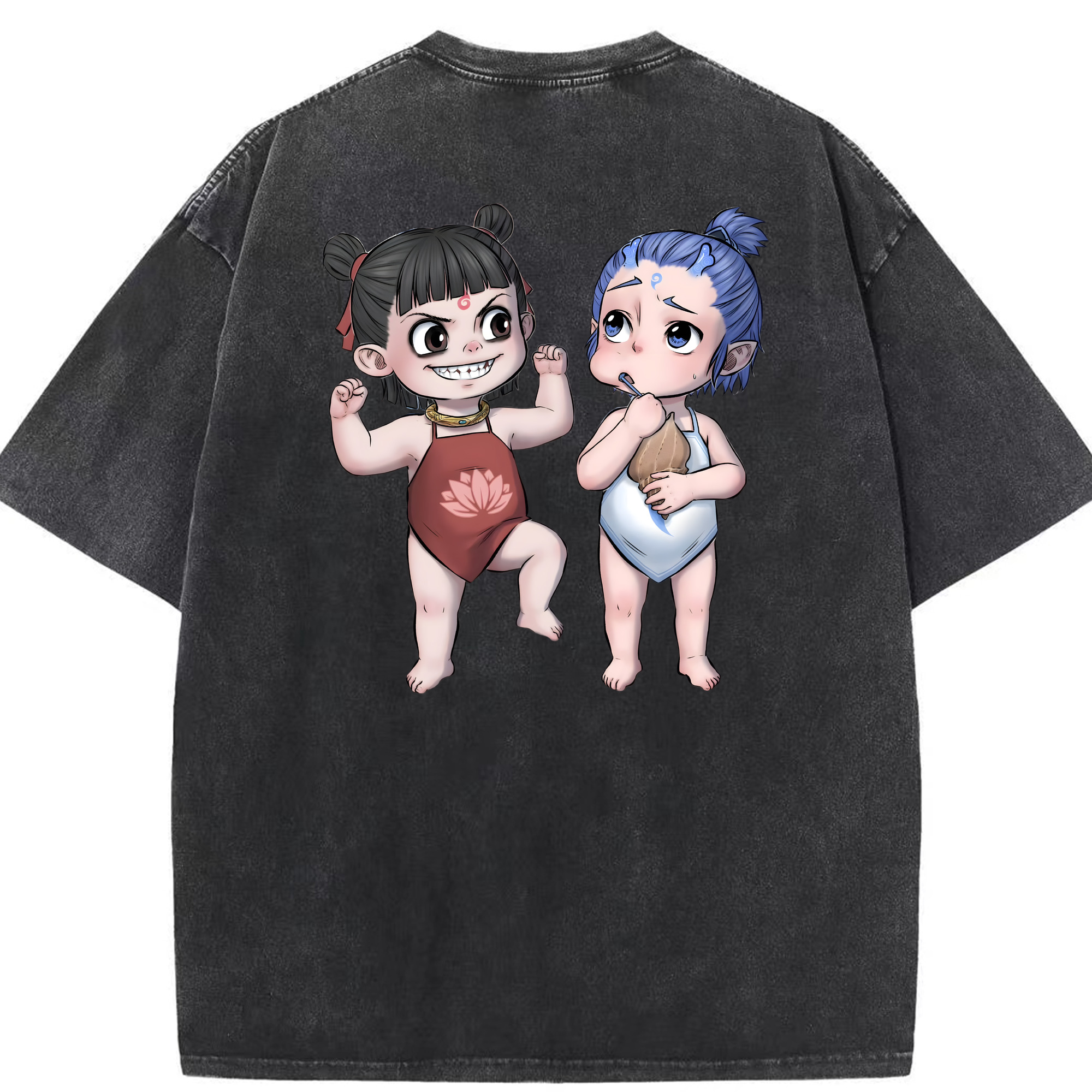 （画像用） Ne Zha 2 ナタ 魔童の大暴れ 綿100% ヴィンテージ風 半袖Tシャツ（背面プリント）