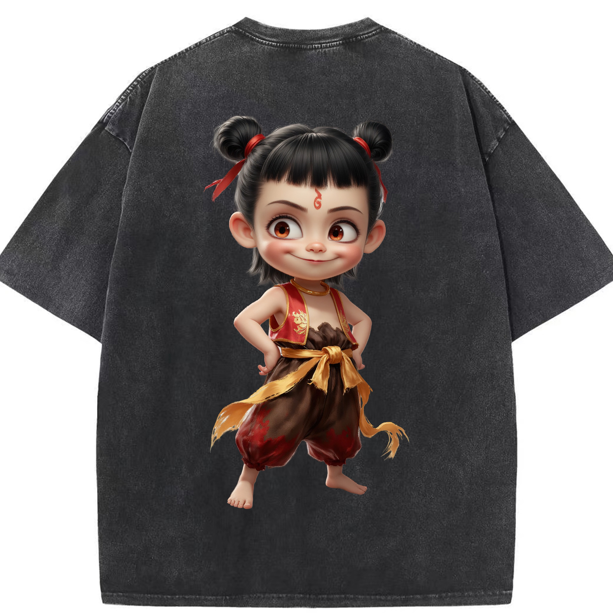 （画像用） Ne Zha 2 ナタ 魔童の大暴れ 綿100% ヴィンテージ風 半袖Tシャツ（背面プリント）