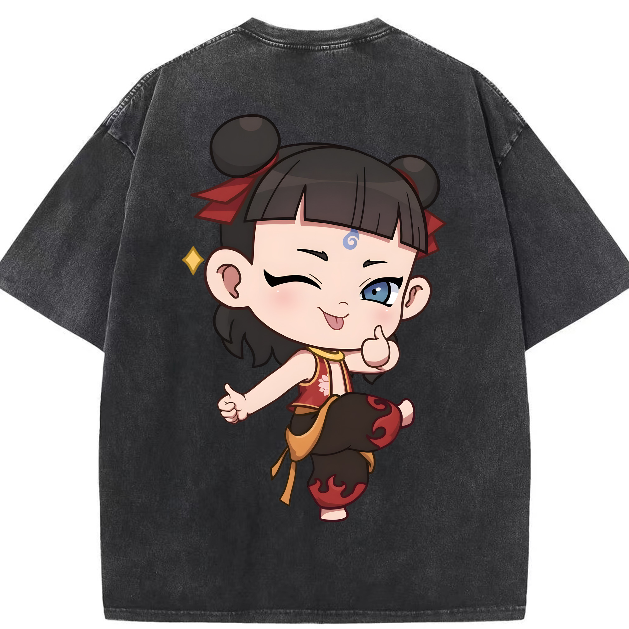 （画像用） Ne Zha 2 ナタ 魔童の大暴れ 綿100% ヴィンテージ風 半袖Tシャツ（背面プリント）