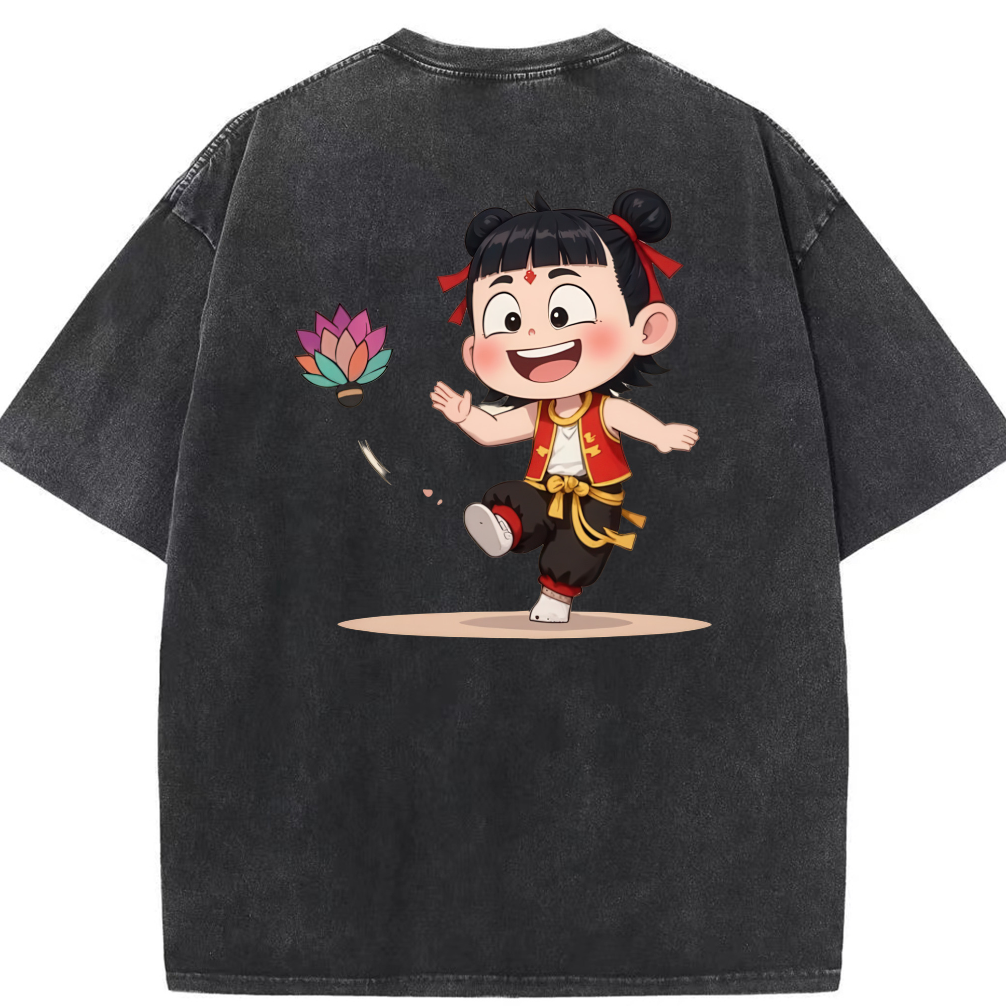 （画像用） Ne Zha 2 ナタ 魔童の大暴れ 綿100% ヴィンテージ風 半袖Tシャツ（背面プリント）