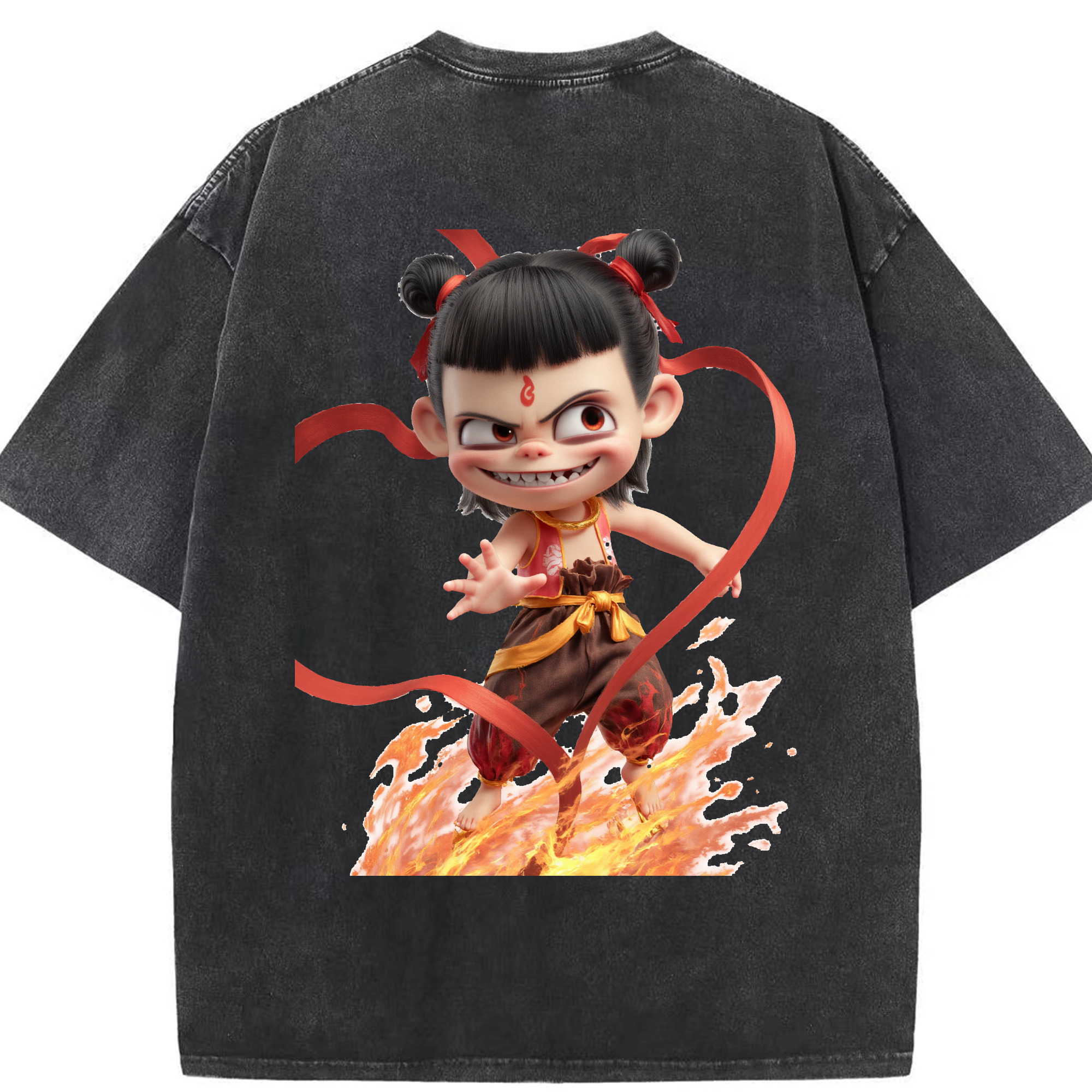 （画像用） Ne Zha 2 ナタ 魔童の大暴れ 綿100% ヴィンテージ風 半袖Tシャツ（背面プリント）