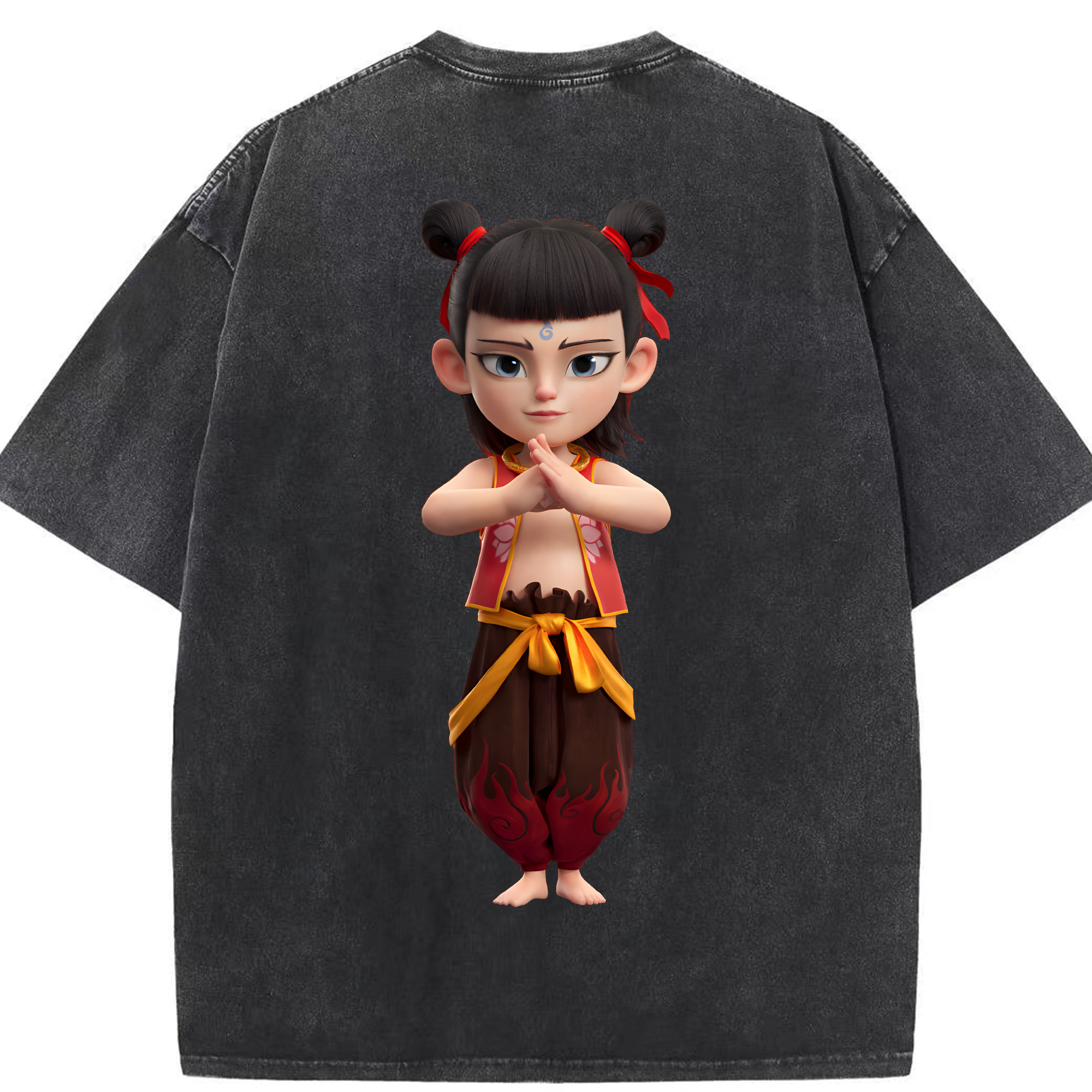 （画像用） Ne Zha 2 ナタ 魔童の大暴れ 綿100% ヴィンテージ風 半袖Tシャツ（背面プリント）