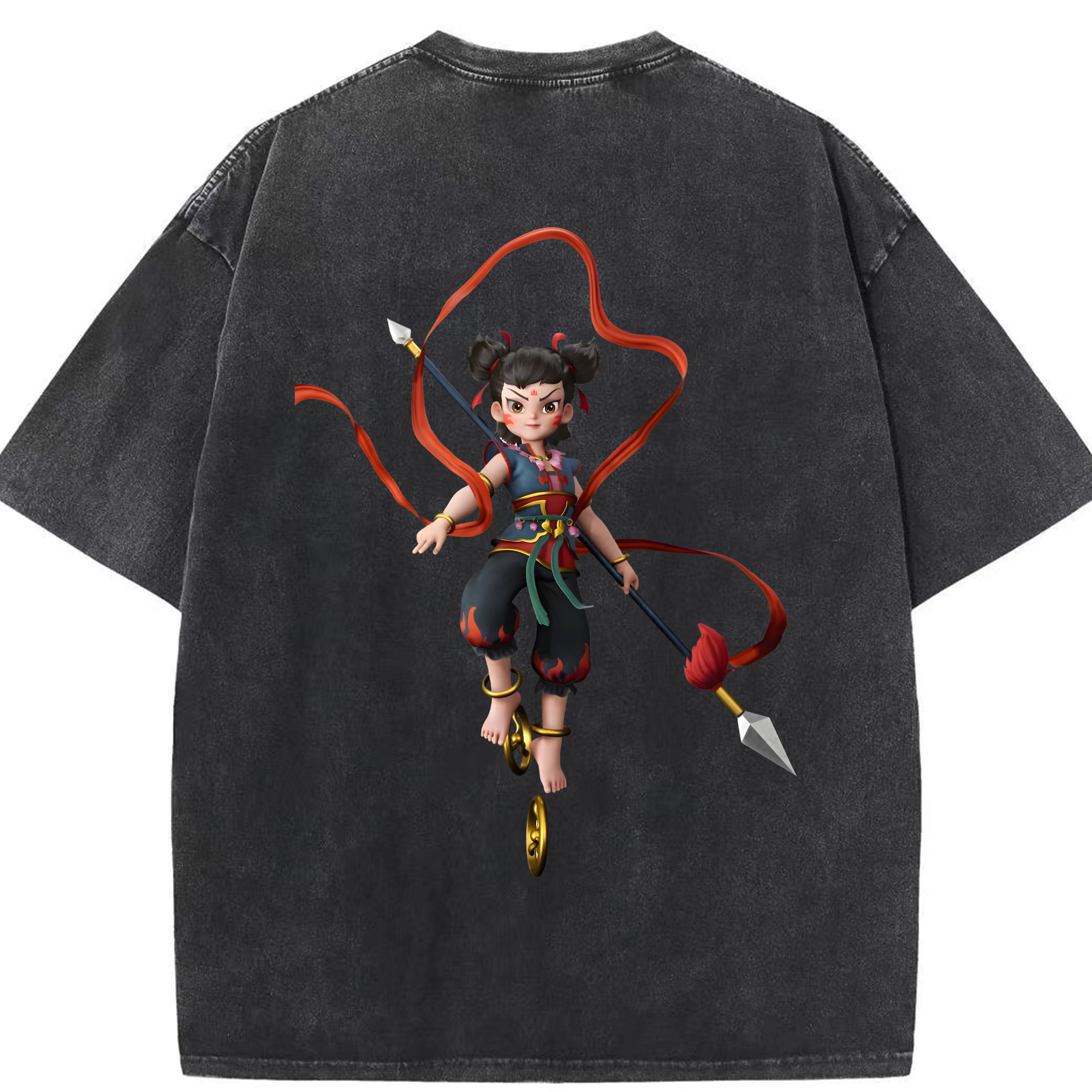 （画像用） Ne Zha 2 ナタ 魔童の大暴れ 綿100% ヴィンテージ風 半袖Tシャツ（背面プリント）