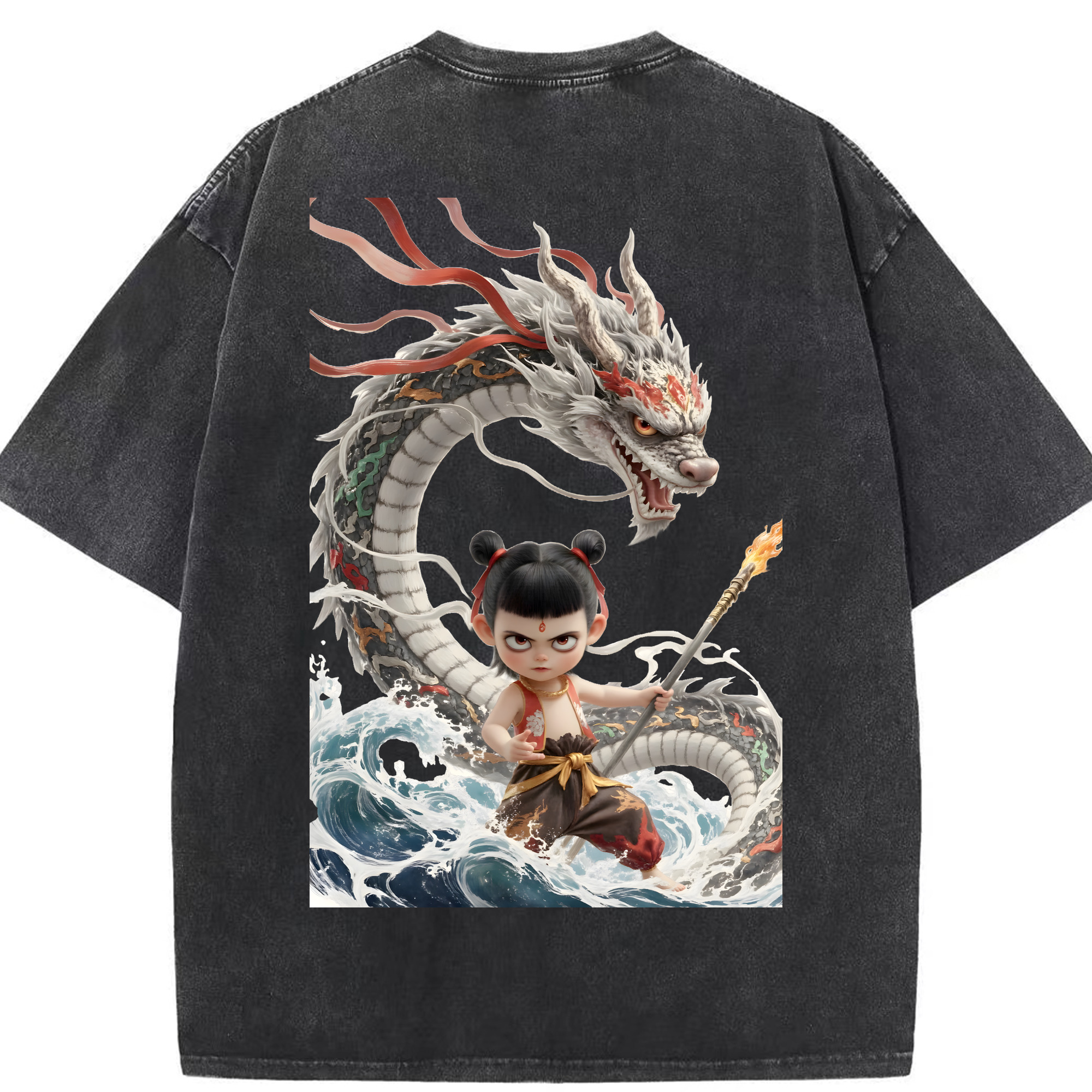 （画像用） Ne Zha 2 ナタ 魔童の大暴れ 綿100% ヴィンテージ風 半袖Tシャツ（背面プリント）