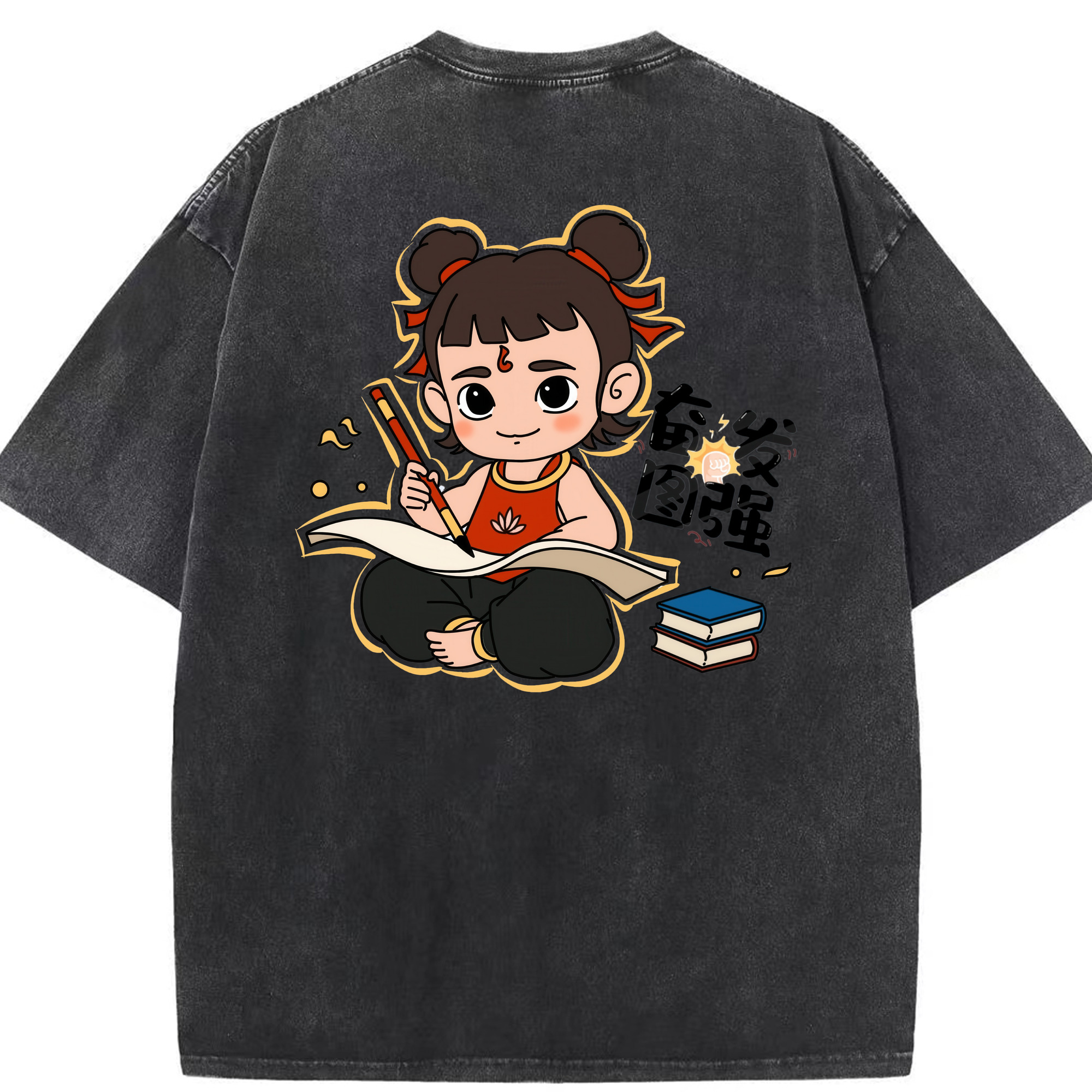 （画像用） Ne Zha 2 ナタ 魔童の大暴れ 綿100% ヴィンテージ風 半袖Tシャツ（背面プリント）