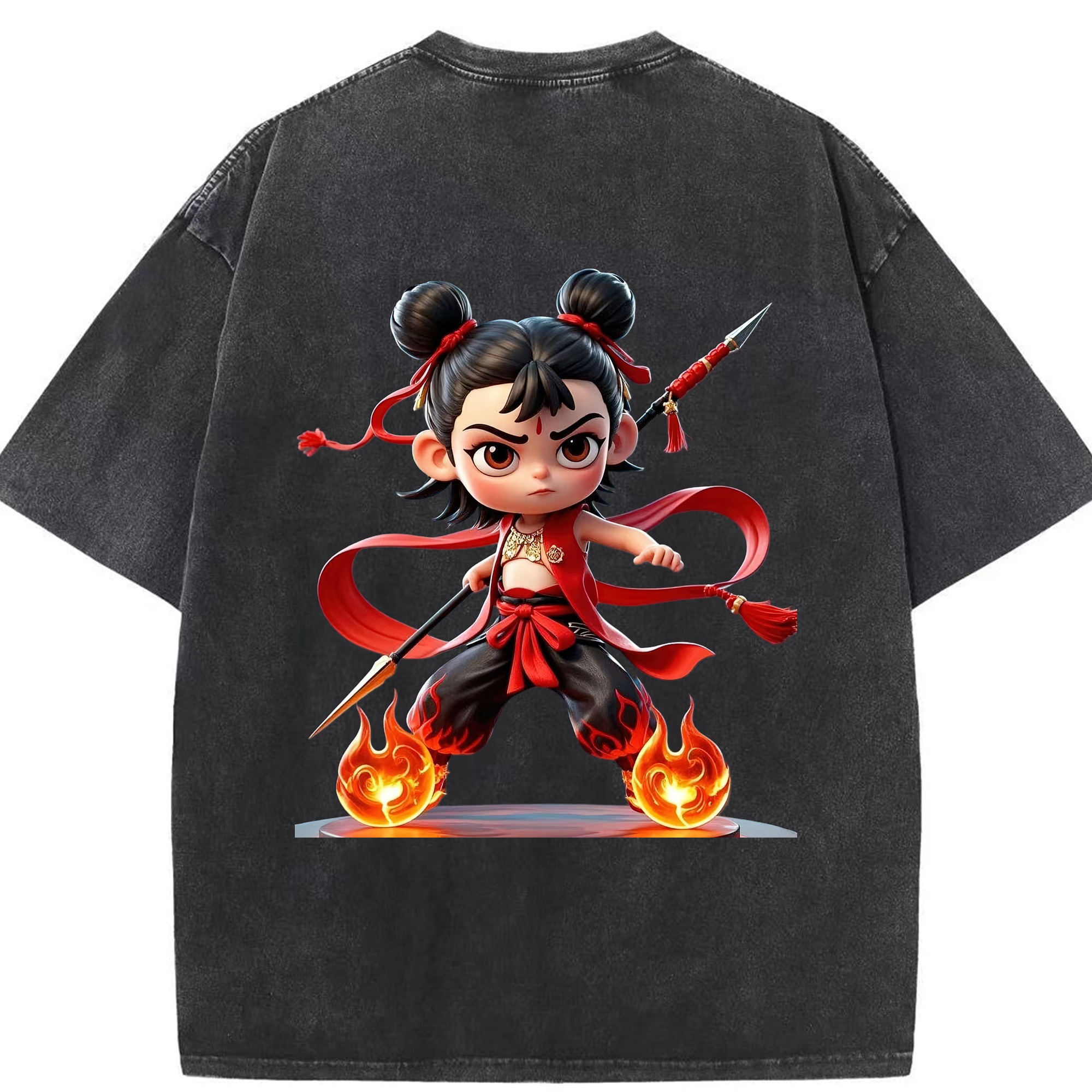 （画像用） Ne Zha 2 ナタ 魔童の大暴れ 綿100% ヴィンテージ風 半袖Tシャツ（背面プリント）
