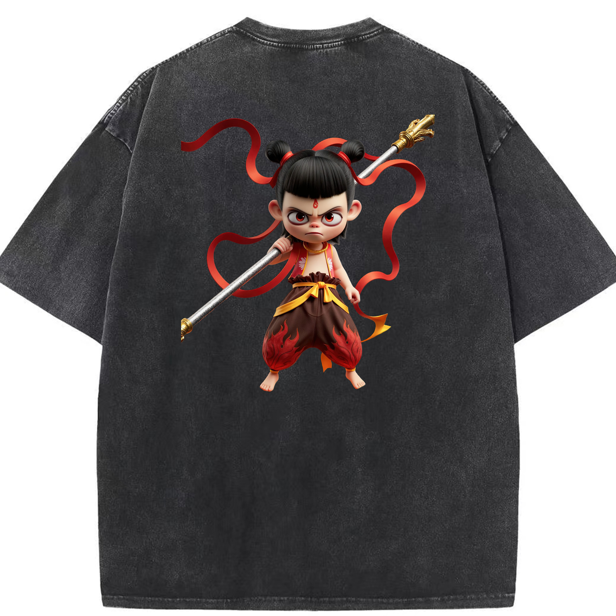 （画像用） Ne Zha 2 ナタ 魔童の大暴れ 綿100% ヴィンテージ風 半袖Tシャツ（背面プリント）