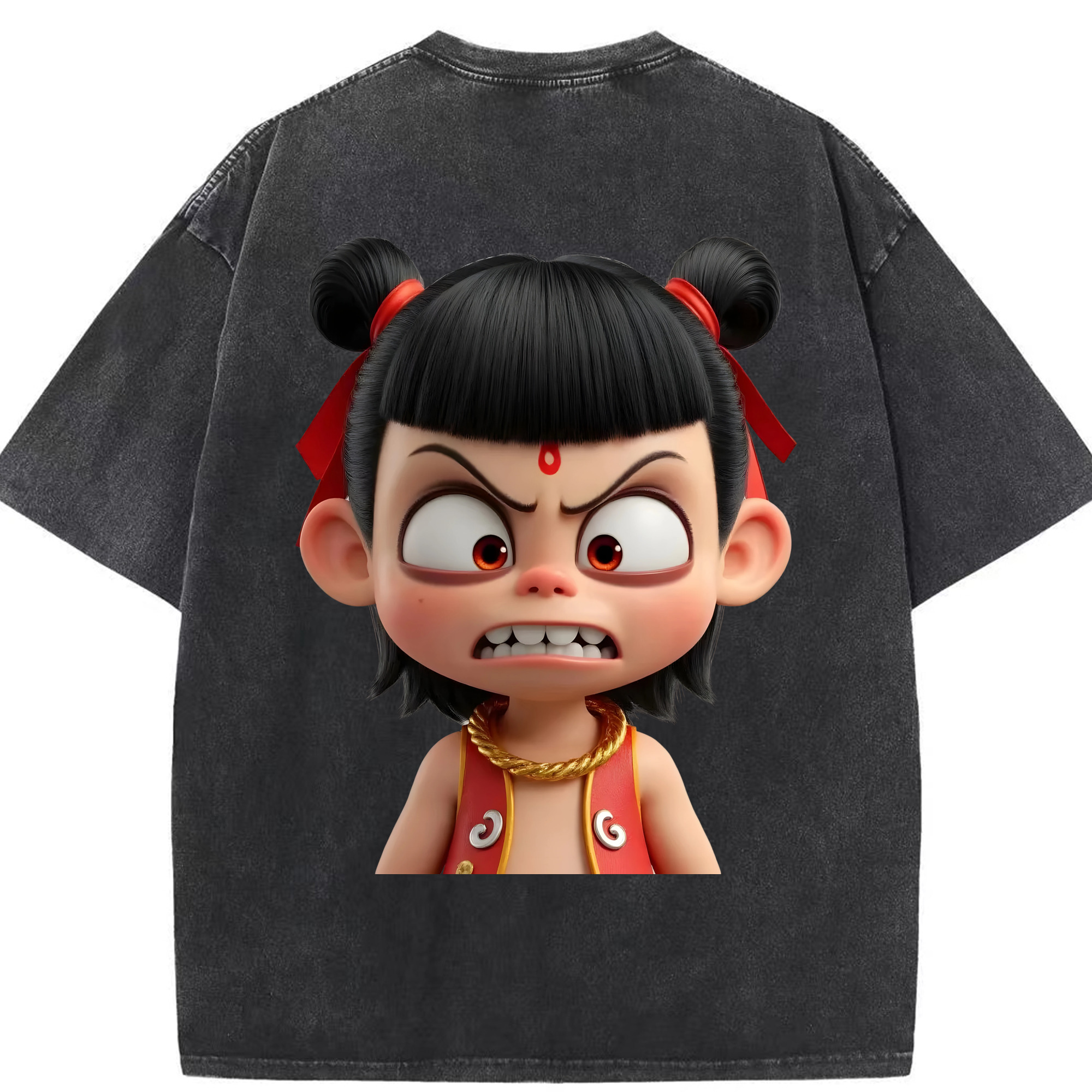 （画像用） Ne Zha 2 ナタ 魔童の大暴れ 綿100% ヴィンテージ風 半袖Tシャツ（背面プリント）