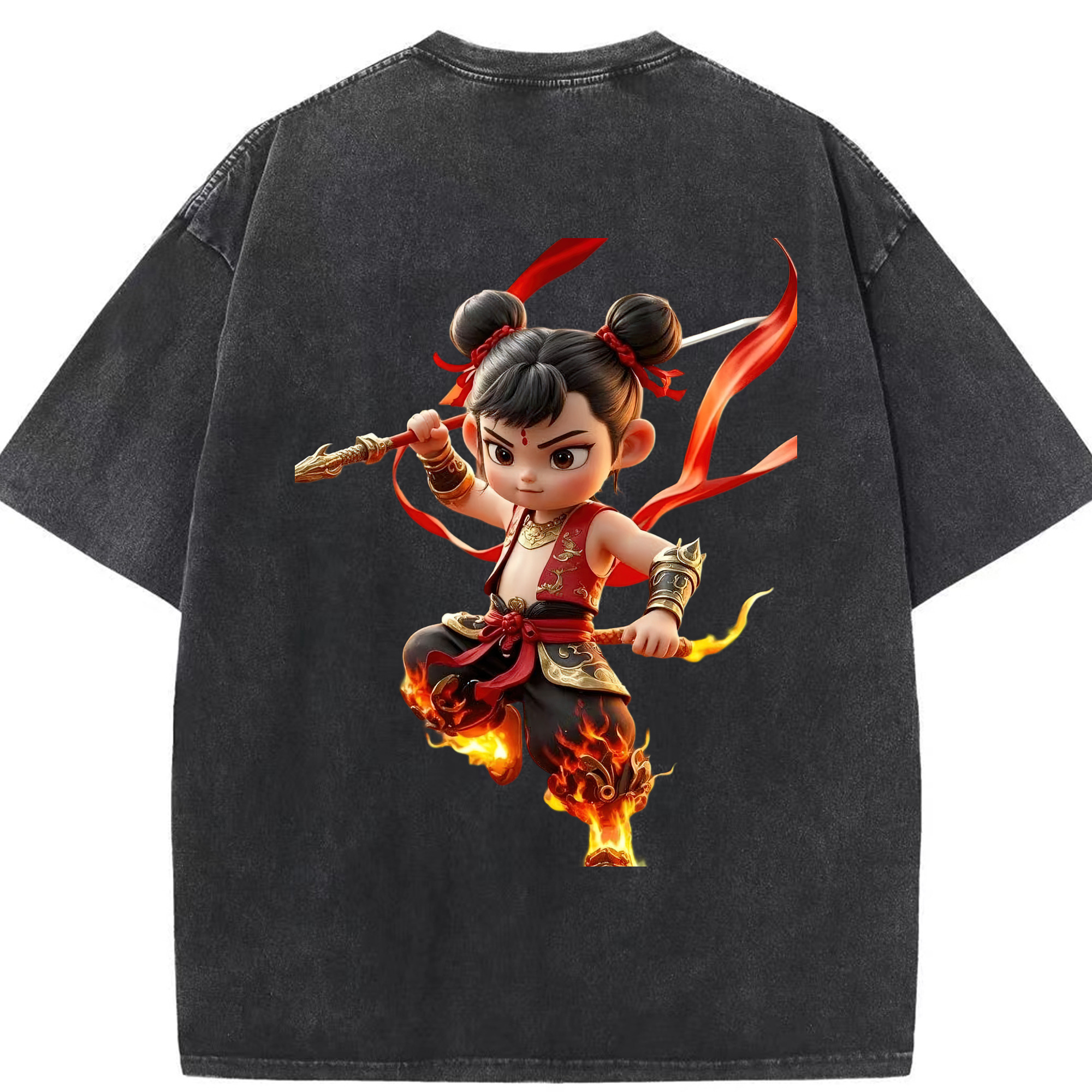 （画像用） Ne Zha 2 ナタ 魔童の大暴れ 綿100% ヴィンテージ風 半袖Tシャツ（背面プリント）