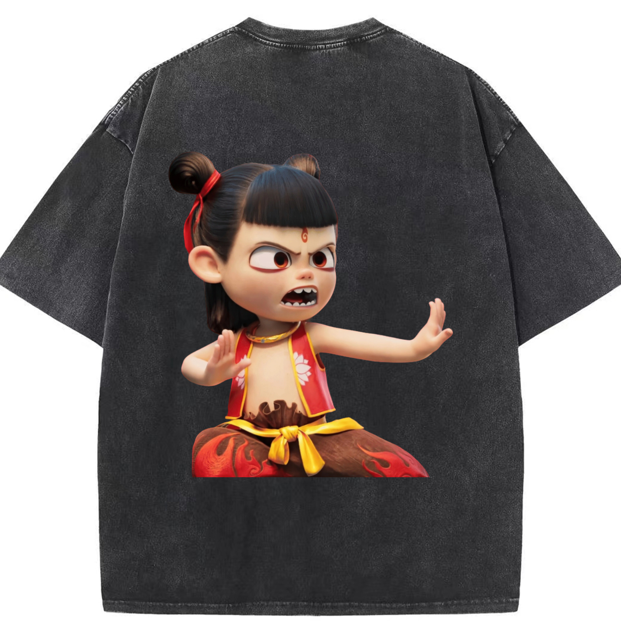 （画像用） Ne Zha 2 ナタ 魔童の大暴れ 綿100% ヴィンテージ風 半袖Tシャツ（背面プリント）