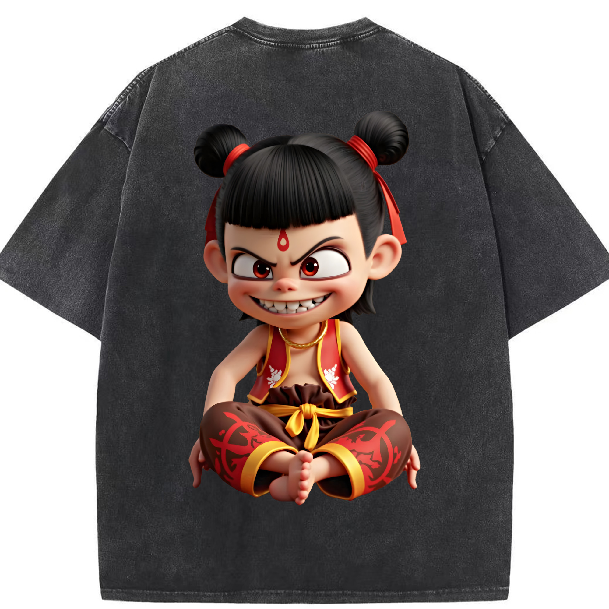 （画像用） Ne Zha 2 ナタ 魔童の大暴れ 綿100% ヴィンテージ風 半袖Tシャツ（背面プリント）