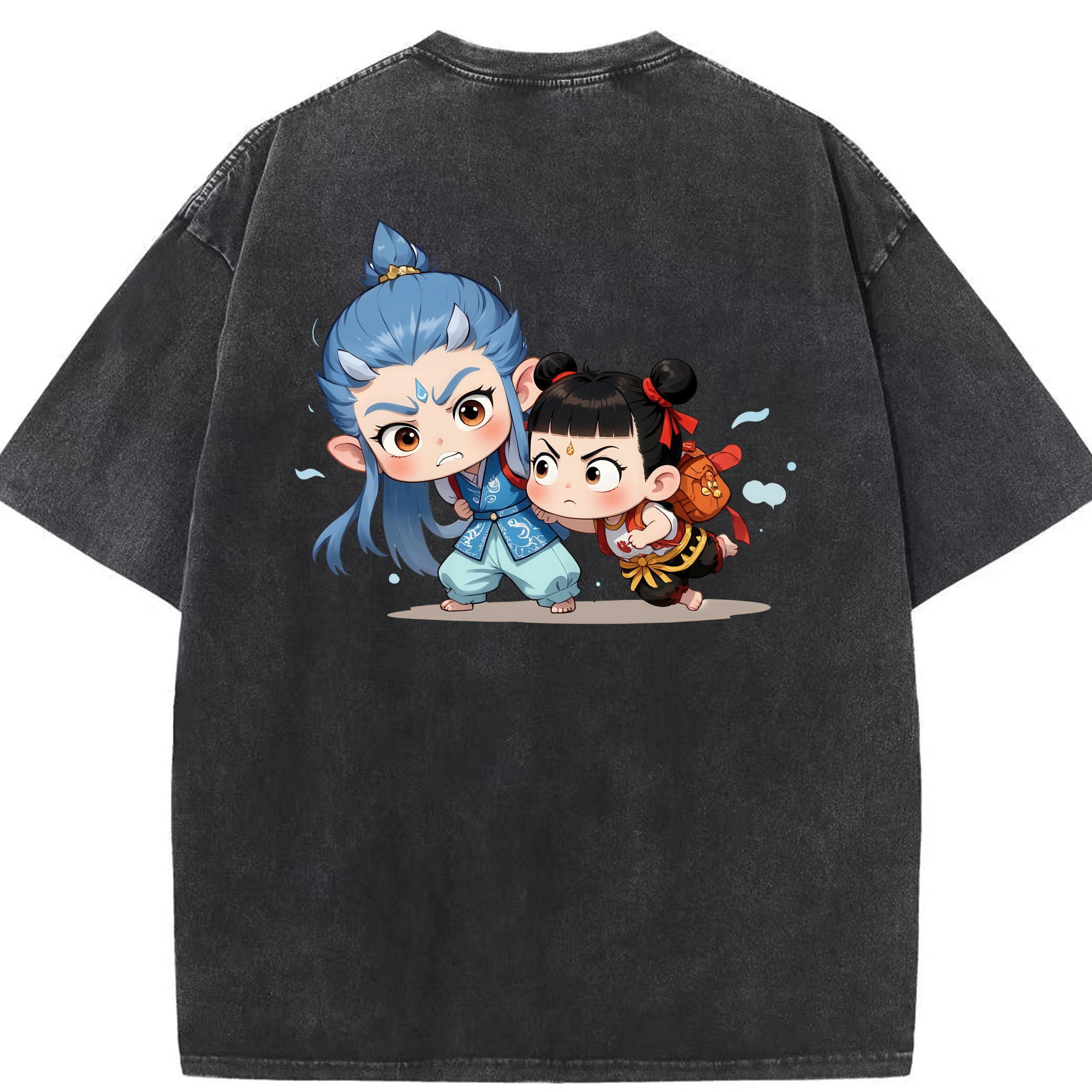 （画像用） Ne Zha 2 ナタ 魔童の大暴れ 綿100% ヴィンテージ風 半袖Tシャツ（背面プリント）