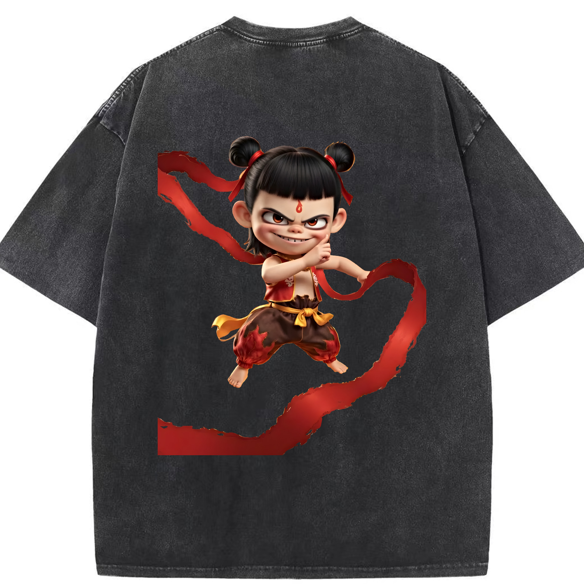 （画像用） Ne Zha 2 ナタ 魔童の大暴れ 綿100% ヴィンテージ風 半袖Tシャツ（背面プリント）